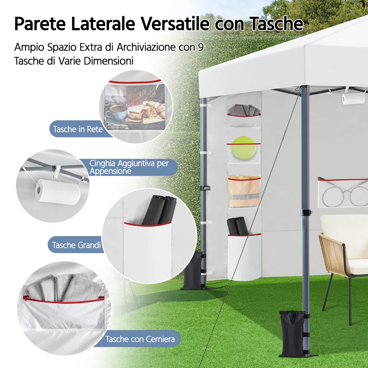 Yaheetech Gazebo da giardino a Una Spinta con 1 Parete Laterale Stabile 9 Tasche Portaoggetti Tenda Esterno Pop up Altezza Regolabile Impermeabile per Festa Eventi