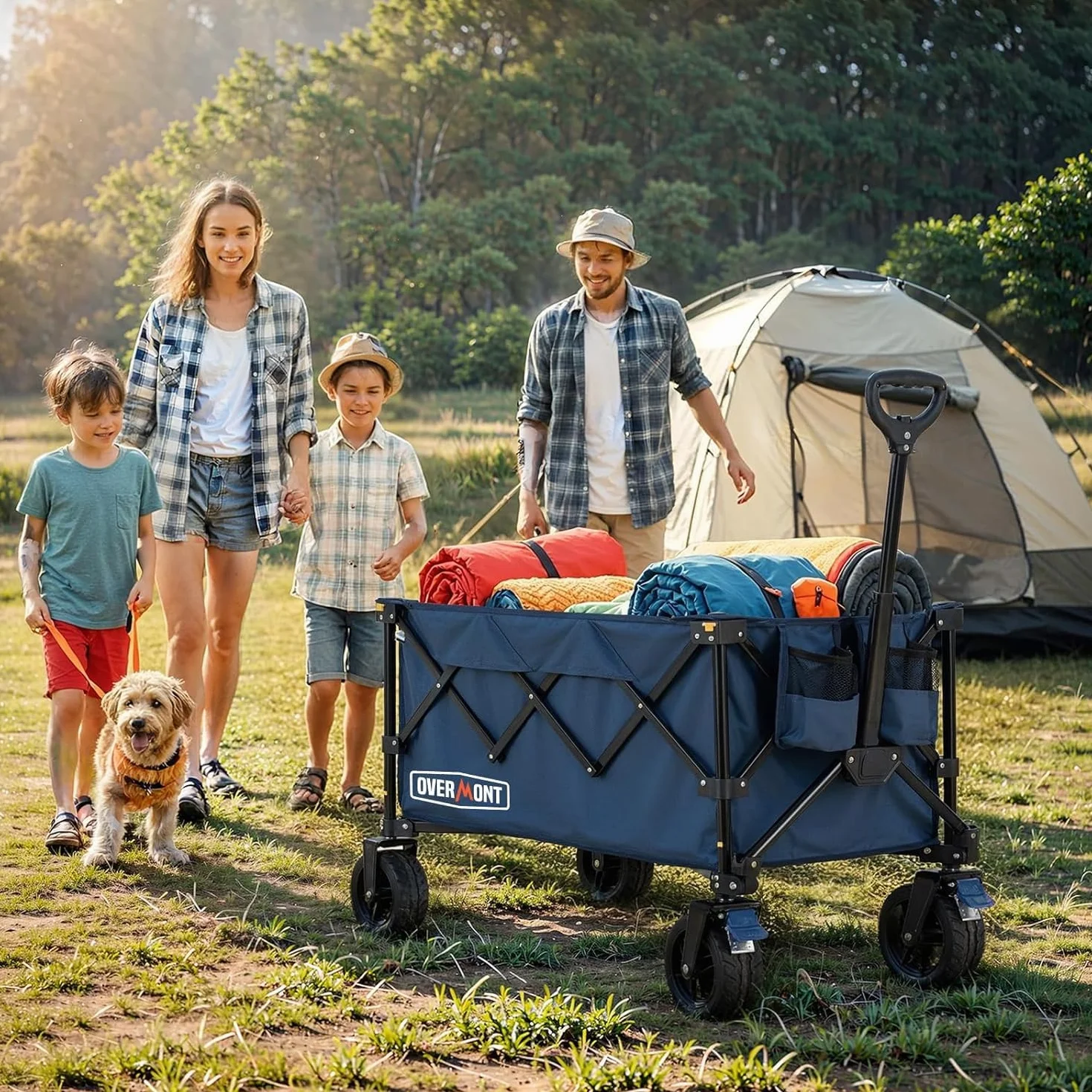 Overmont Carrello da Giardino Pieghevole con Ruote - Carrello da Spiaggia per Tutti i Terreni - Capacità Carico 150kg 150L per Festival Campeggio Picnic Sport Shopping Blu