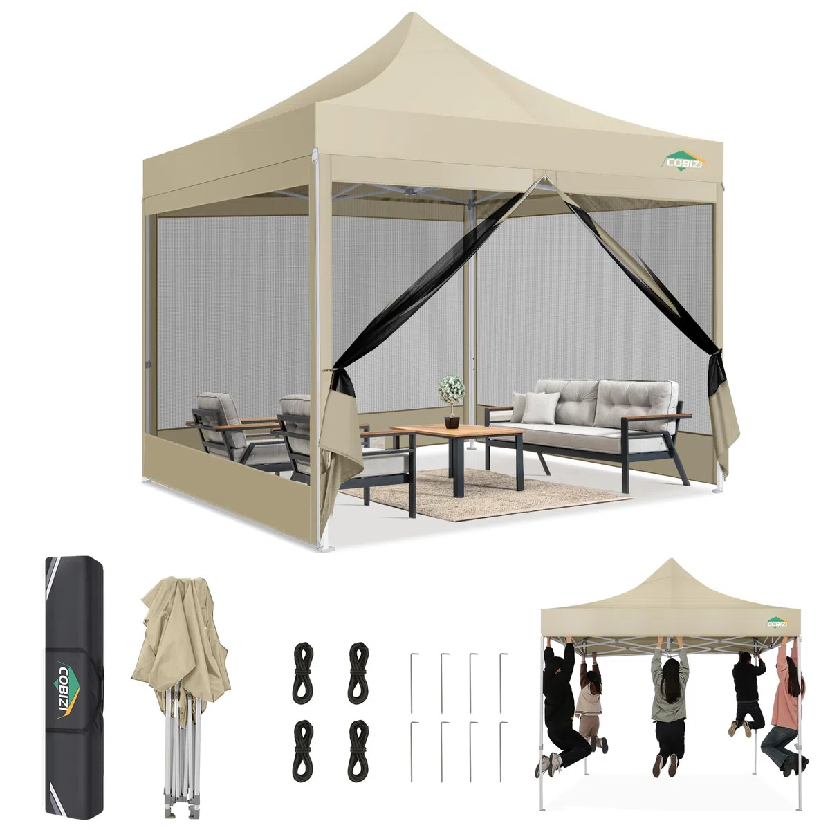 COBIZI Gazebo 3x3 Pieghevole Impermeabile, Esterno Resistente con Zanzariera Parete Laterale,Tende per Gazebo,Tendone Padiglione Pop Up per Feste Campeggio con Borsa(3 per 3m Cachi)
