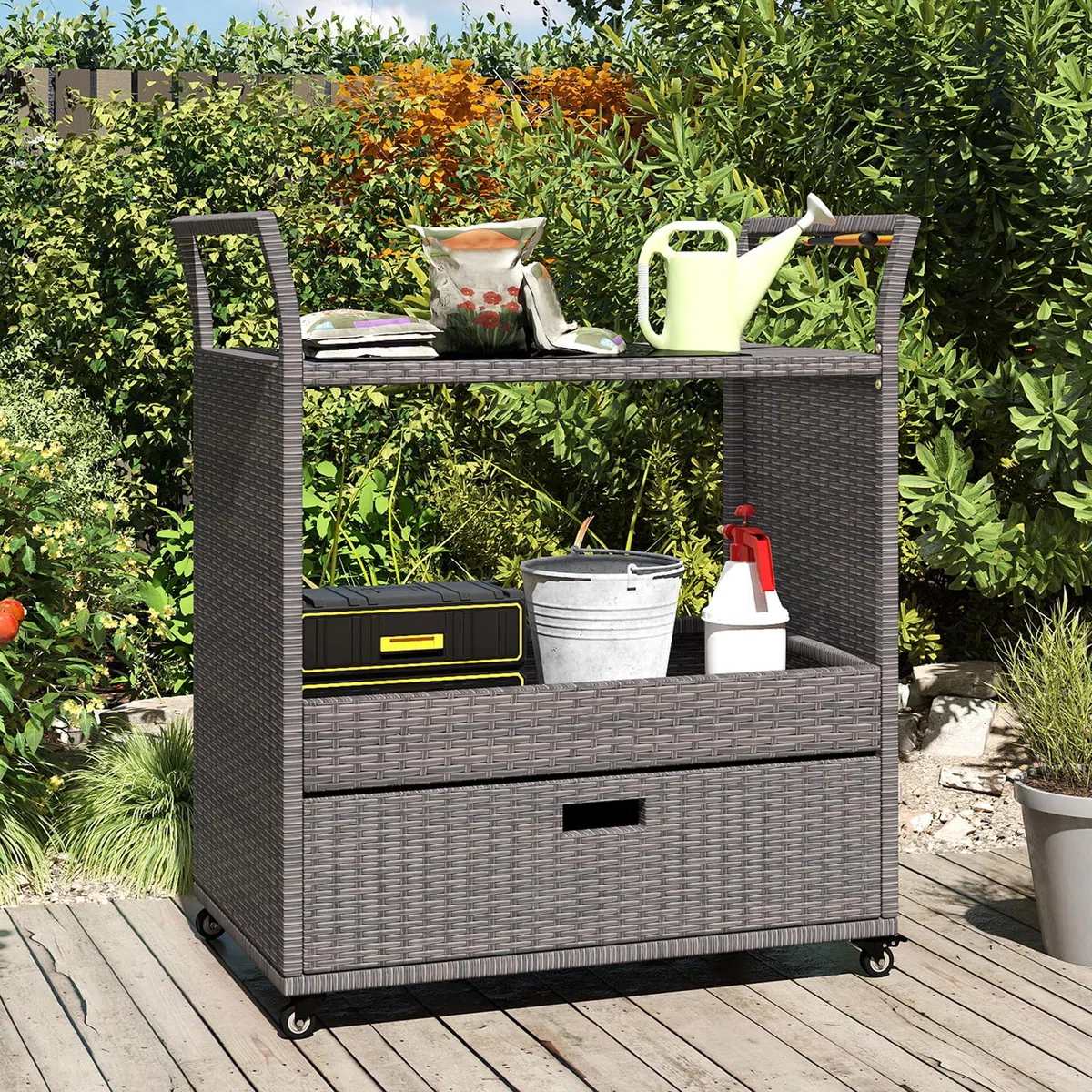 GIANTEX Carrello Bar da Esterno con Ruote, Carrello di Servizio in Rattan con Ripiano in Vetro Temperato, Scaffale di Stoccaggio e Cassetto Rimovibile per Veranda, Giardino e Bordo Piscina
