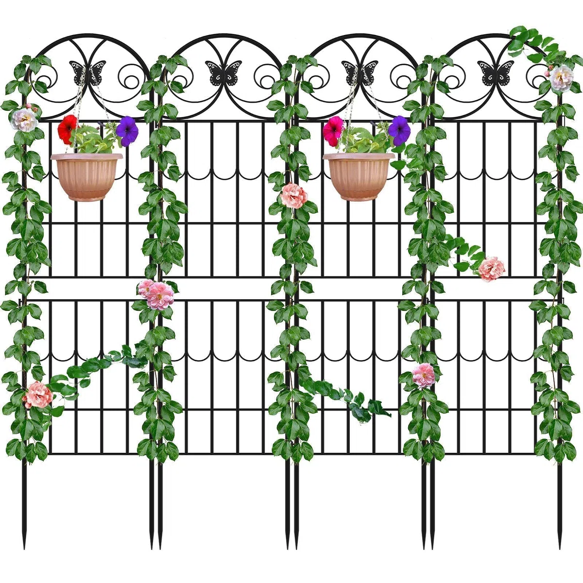 2.2 M Traliccio Giardino Piante Rampicanti, Kalolary Confezione 4 Tralicci Giardino Neri Telaio Piante Rampicanti in Metallo Antiruggine Supporto Piante in Vaso Prato Cortile Fiori Esterno Frutta Viti