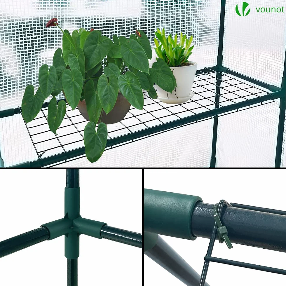 VOUNOT Serra da Giardino 143x215x195 cm con Porta Avvolgibile e Finestra di Osservazione, Mini Serra Orto Vivaio per Piante 12 Ripiani per Fiori Verdure Crescita, Bianco