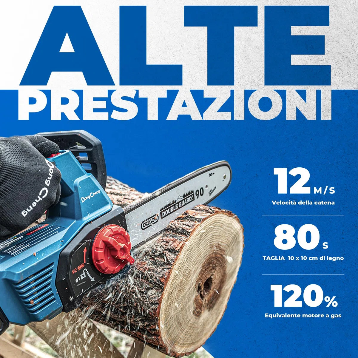 DongCheng Motosega a batteria 20V, brushless, 12 m/s, lama OREGON 30cm, 2x4,0Ah. Tendicatena senza attrezzi, lubrificazione automatica, 2kg (senza batteria), Giardino, legna, potatura