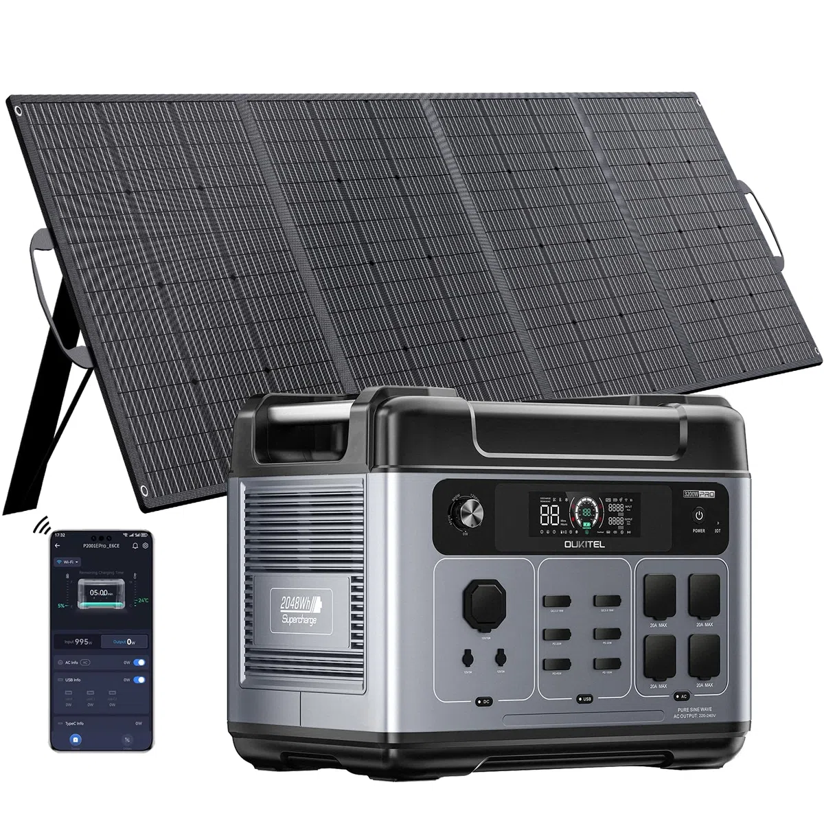 OUKITEL 3200W Centrale Elettrica Portatile con 1 Pannello Solare da 400W, 2048Wh Generatore Solare, Batteria LiFePO4, Controllo APP, Portable Power Station per Campeggio, Camper, Casa