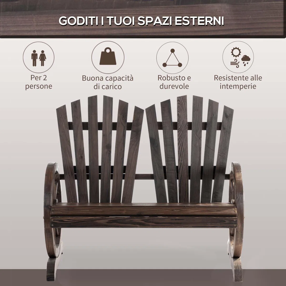Outsunny Panchina da Giardino da 2 Posti con Braccioli a Forma di Ruota, Panchina da Esterno a Doghe in Legno di Abete, Panca per Terrazza Patio e Cortile, 108x66x95 cm, Carbonizzato