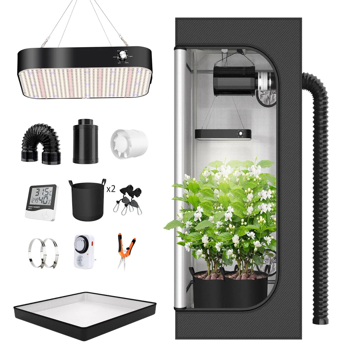 Grow Box Kit Completo, 40x40x120cm Growbox, Set Completo di Tende da Coltivazione Idroponica 600D con Lampada LED a Spettro Completo Dimmerabile da 200W