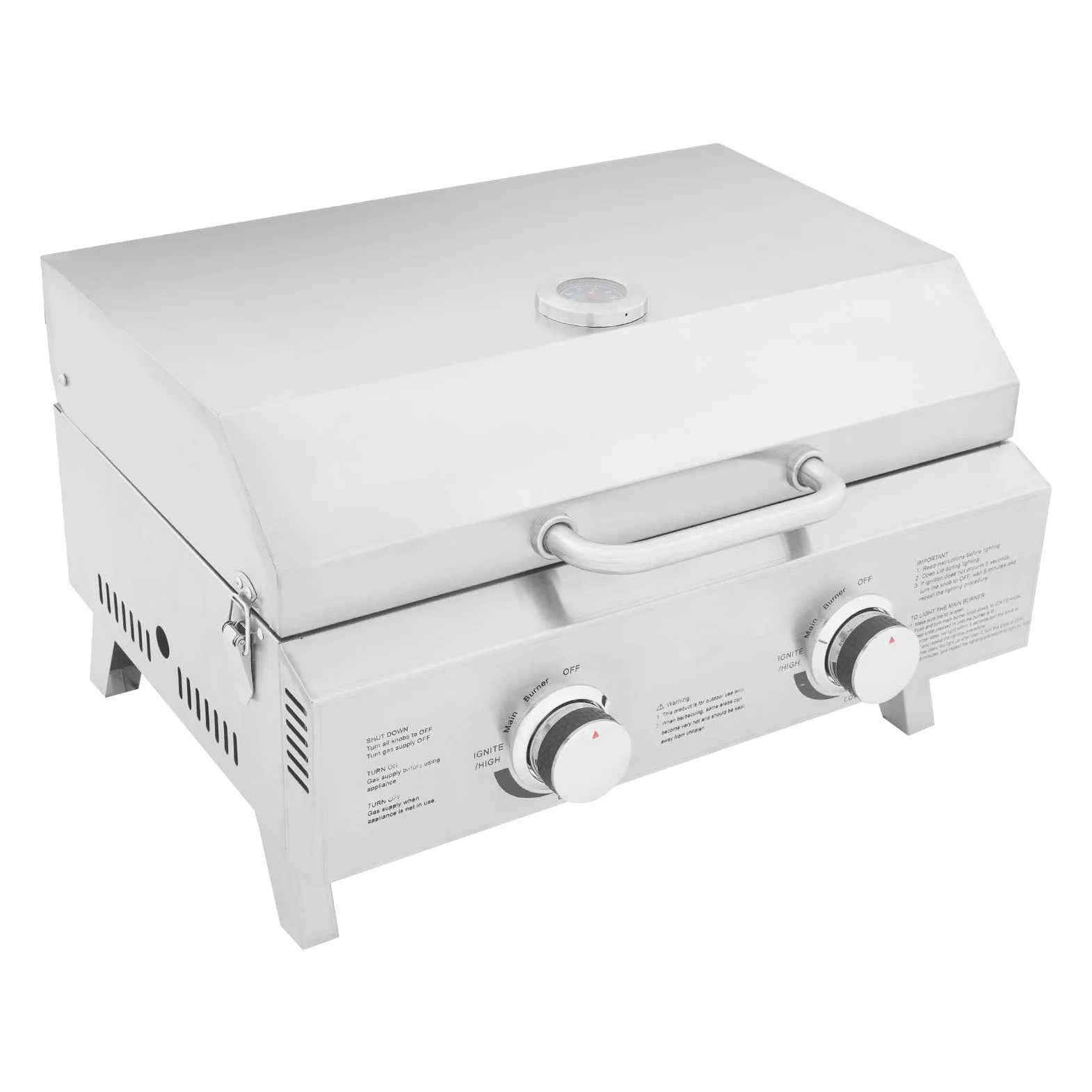 Barbecue a gas in acciaio inox, portatile con 2 fuochi, griglia pieghevole per cortile, giardino, terrazza e picnic, 22 x 18 x 15 pollici