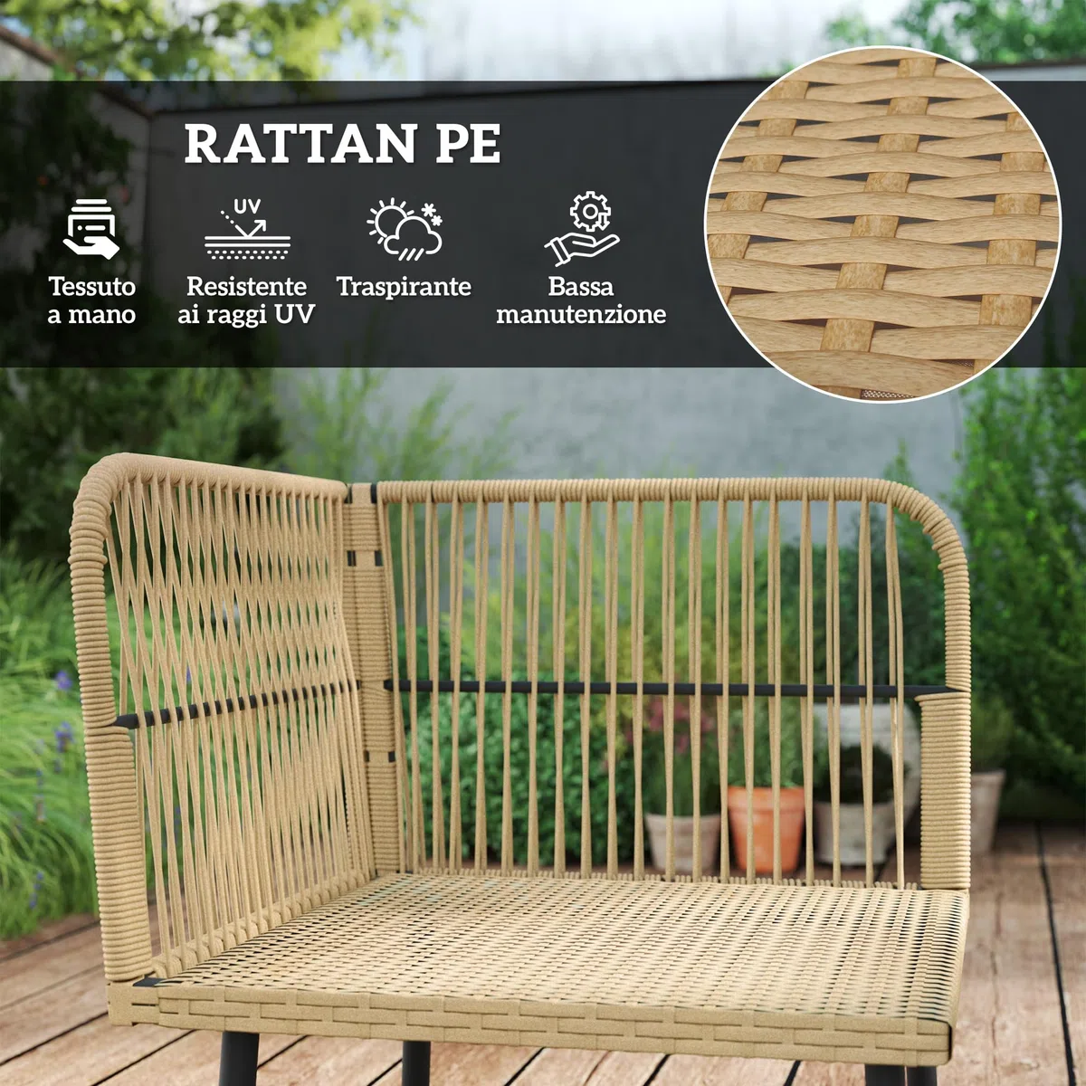 Outsunny Set di Mobili da Giardino in Rattan 4 Pezzi, Salotto da Esterno con 2 Divano a 2 Posti, Poltrona Angolare, Tavolino da Caffè in Vetro e Cuscini Lavabili, Struttura in Acciaio, Naturale/Beige