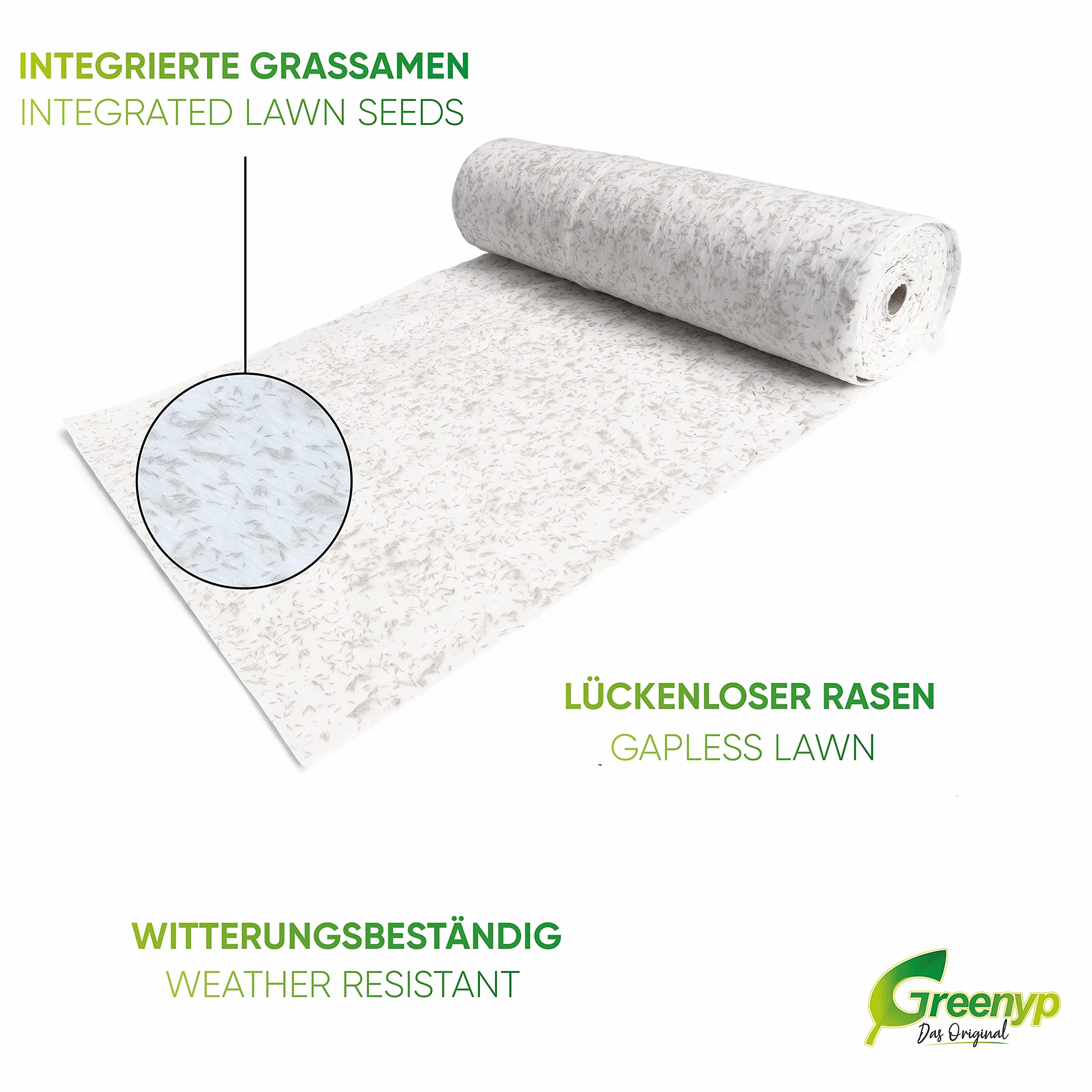 Greenyp all-in-One Tappeto erboso per Semi d’Erba, stuoia biodegradabile, a Rotoli, Semi di Erba integrati con fertilizzanti per Prato, 0,5m x 20m (10m²)