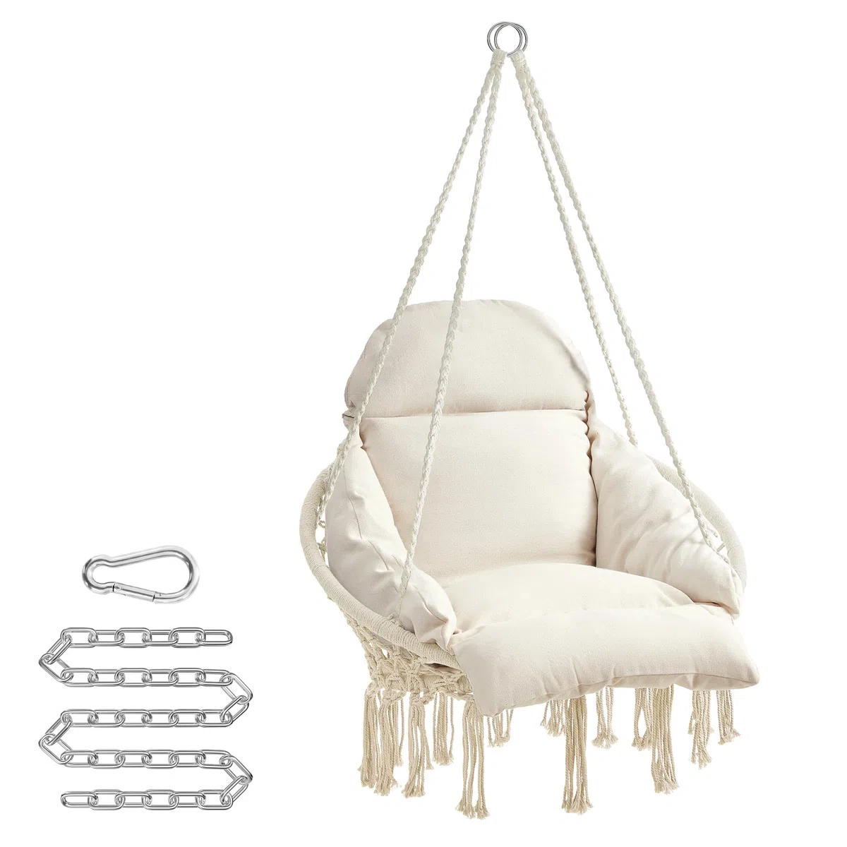 SONGMICS Sedia Altalena, Sedia Amaca, Cuscino Ben Imbottito, Sedia Sospesa Boho, Camera da Letto Balcone Giardino Soggiorno, Regge 120 kg, Accessori Inclusi, Bianco Crema GDC042M01