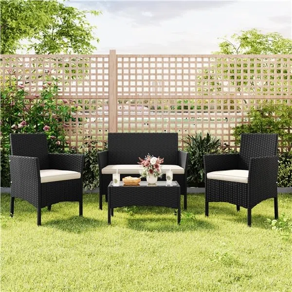 Yaheetech Set da Giardino in Rattan, 4 Posti, con divano a 2 posti, 2 sedie, tavolo e cuscini per seduta resistente alle intemperie, Salotto da Siardino Esterno, per Terrazza Balcone Patio