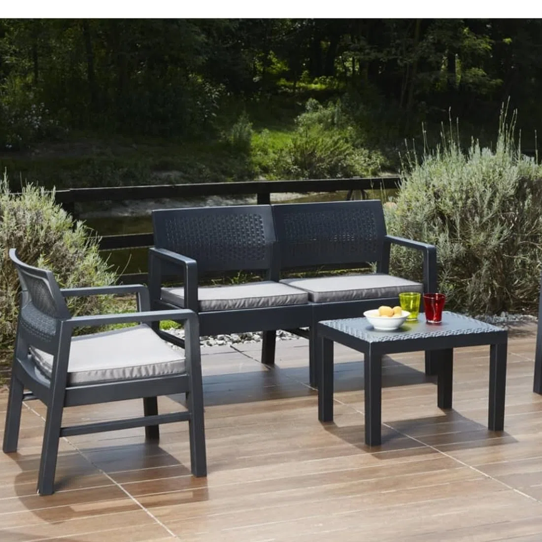 Ipae salottino kilimangiaro Antracite Set Composto da 1 Divano 2 posti + 2 poltrone + tavolino con 4 Cuscini