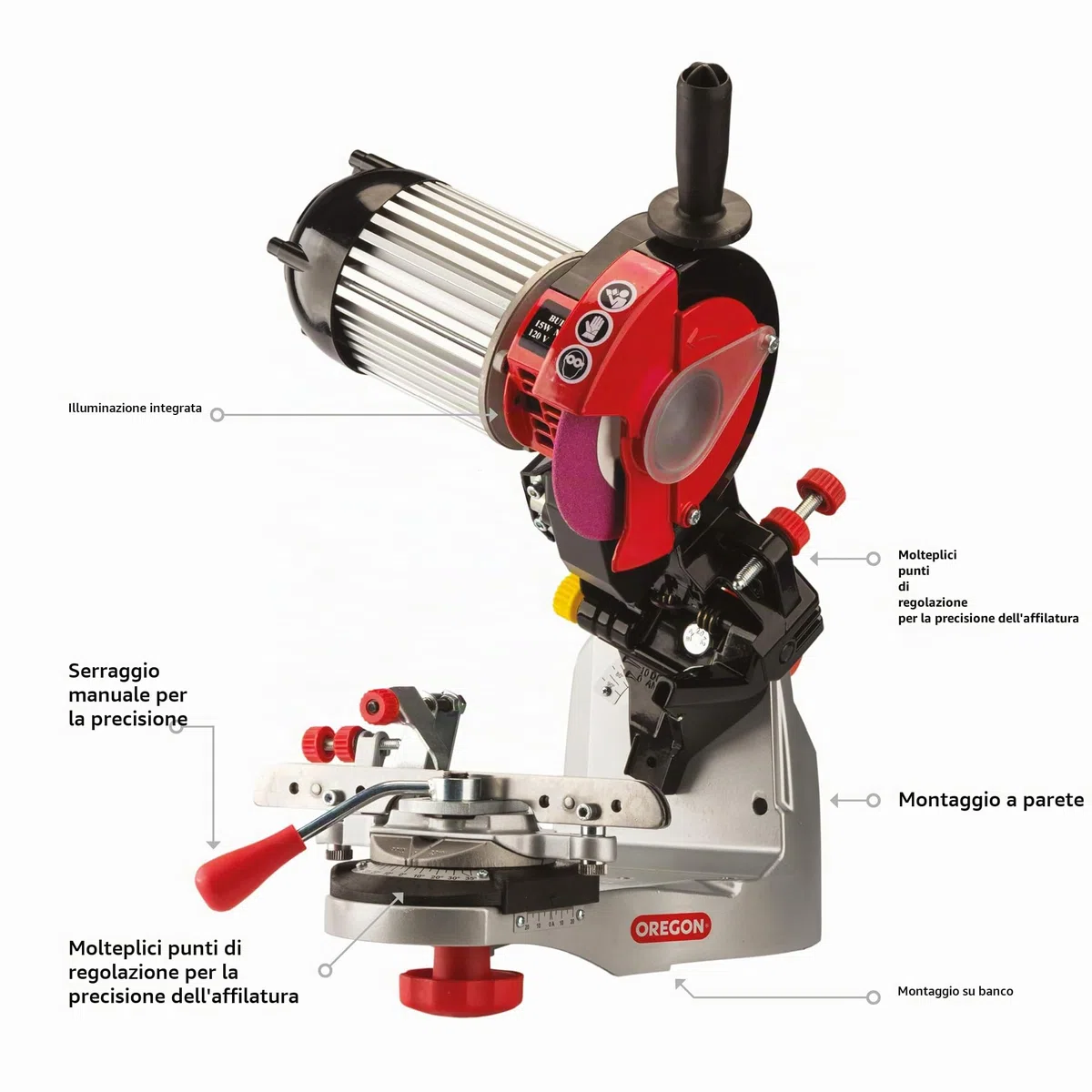 Oregon Smerigliatrice Professionale da 230-Volt, Affilatrice Universale da Motosega, per Tutti i Tipi di Catena fino ad un Passo di 0,404", 3 Dischi Abrasivi Inclusi (520-230)