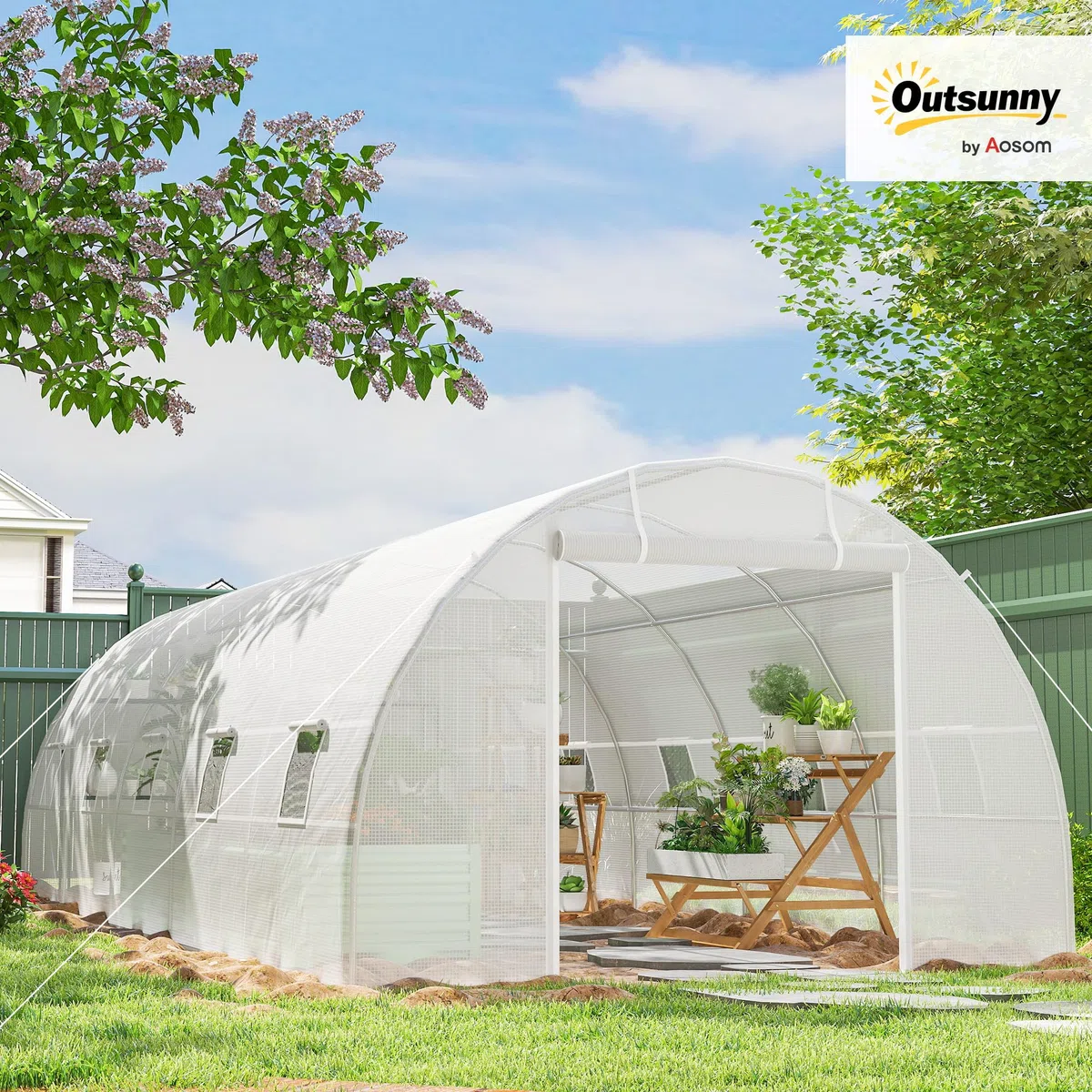 Outsunny Serra da Giardino a Tunnel 8x3x2 m con Porte Avvolgibili e 12 Finestre, Serra per Orto con 4 Rinforzi Diagonali, Struttura in Acciaio e Copertura PE, per Orto Verdure Fiori Frutta, Bianco