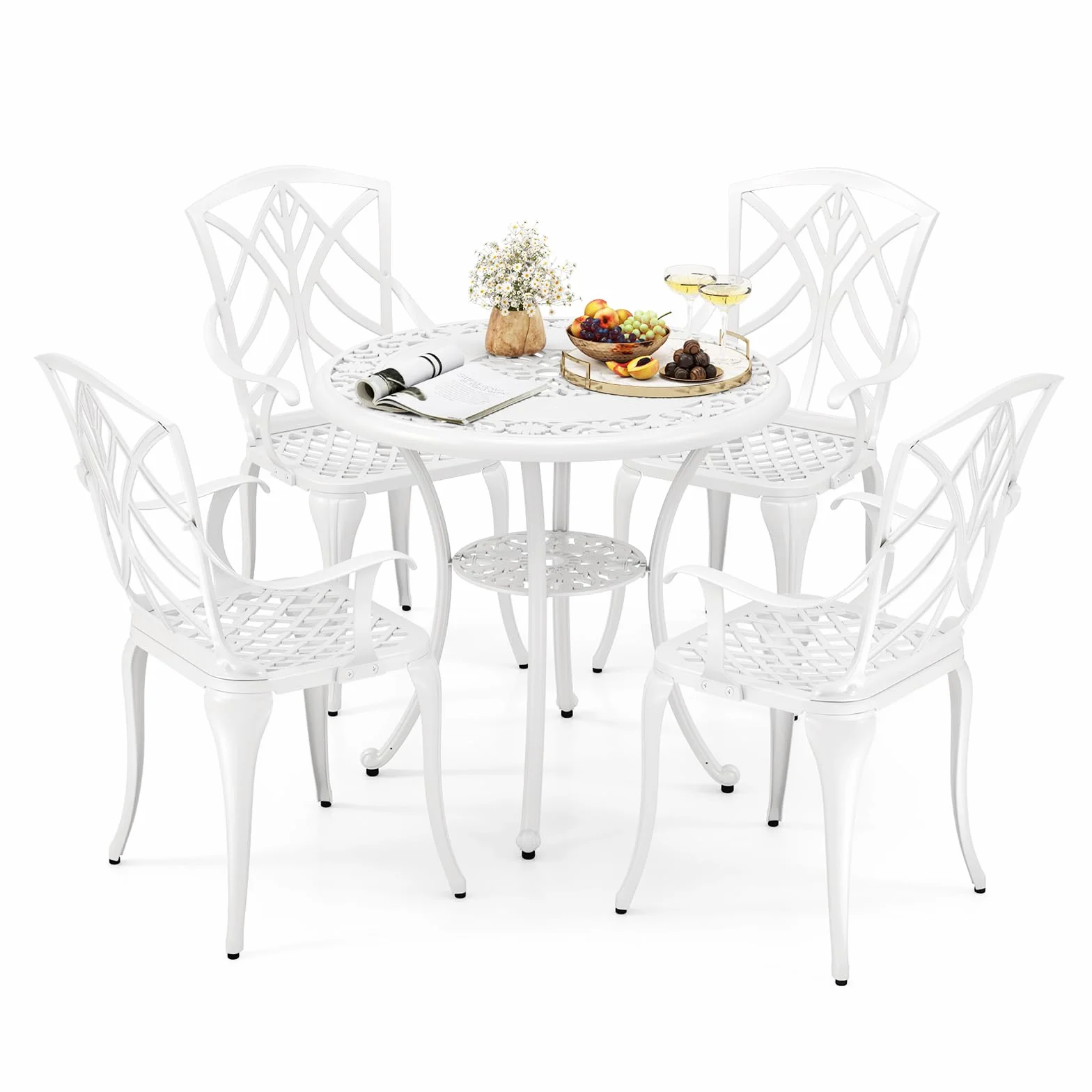 COSTWAY Set Tavolo e Sedie da Giardino, Set da Bistro 5 Pezzi con Foro per Ombrello, Tavolo da Pranzo e 4 Sedie, Arredamento da Giardino in Alluminio, per Giardino e Balcone, Bianco (Modello 2)