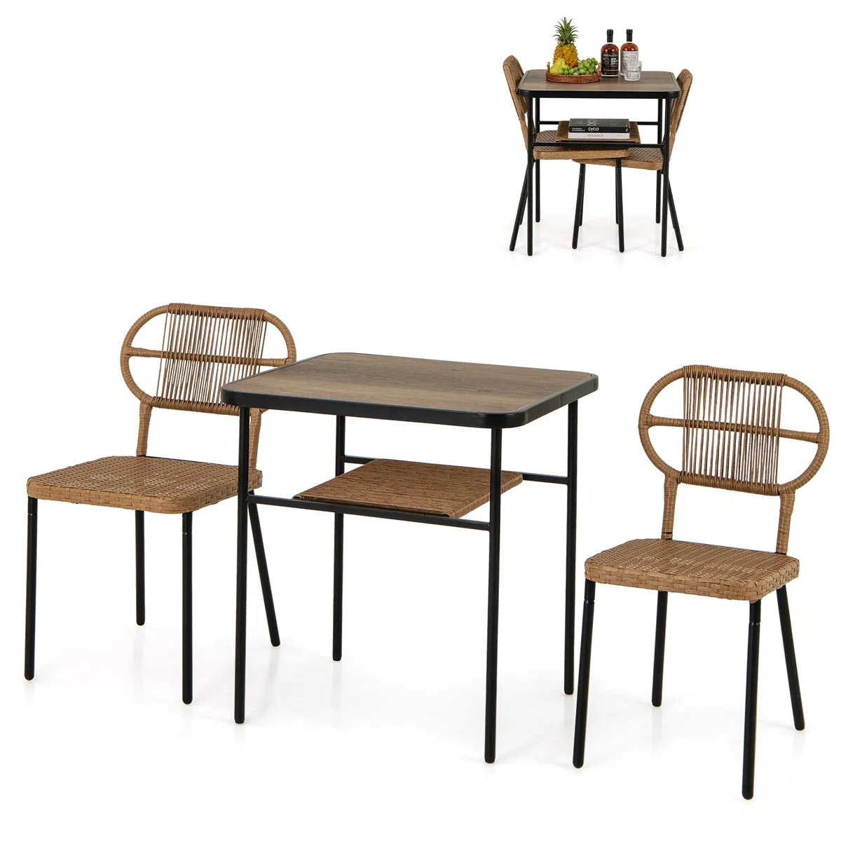 LIFEZEAL Set di mobili da giardino in polyrattan con 2 sedie per giardino, tavolo da giardino con mensola, set di mobili da giardino 3 pezzi per terrazza, patio, piscina