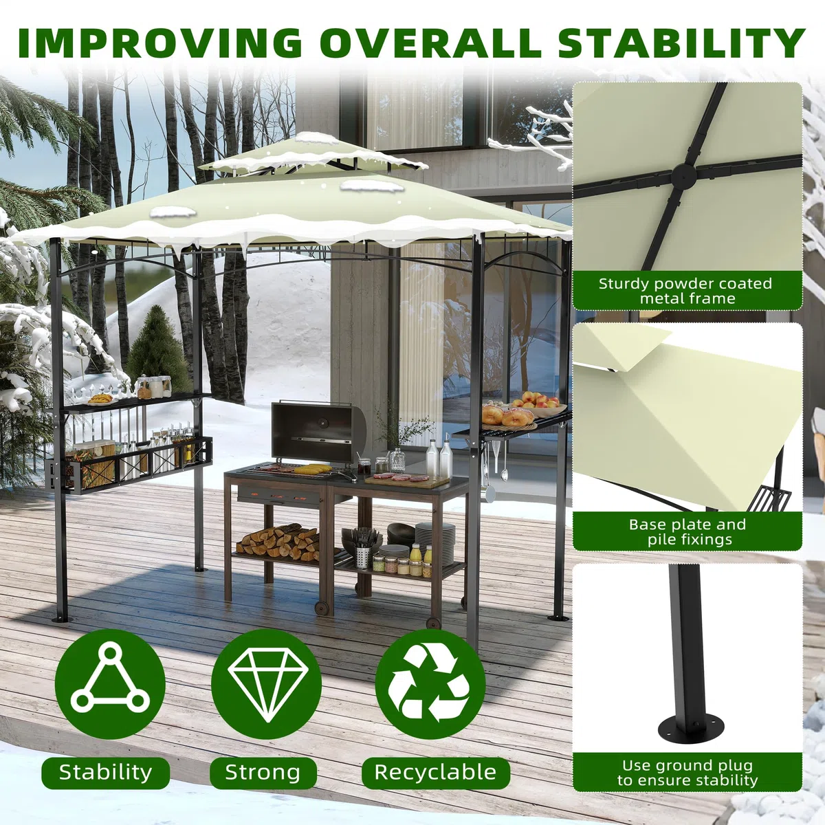 Gazebo da giardino con tetto a doppio strato, 245 x 153 x 250 cm, impermeabile, ignifugo, con base di spazio, tenda da giardino per feste, barbecue, beige