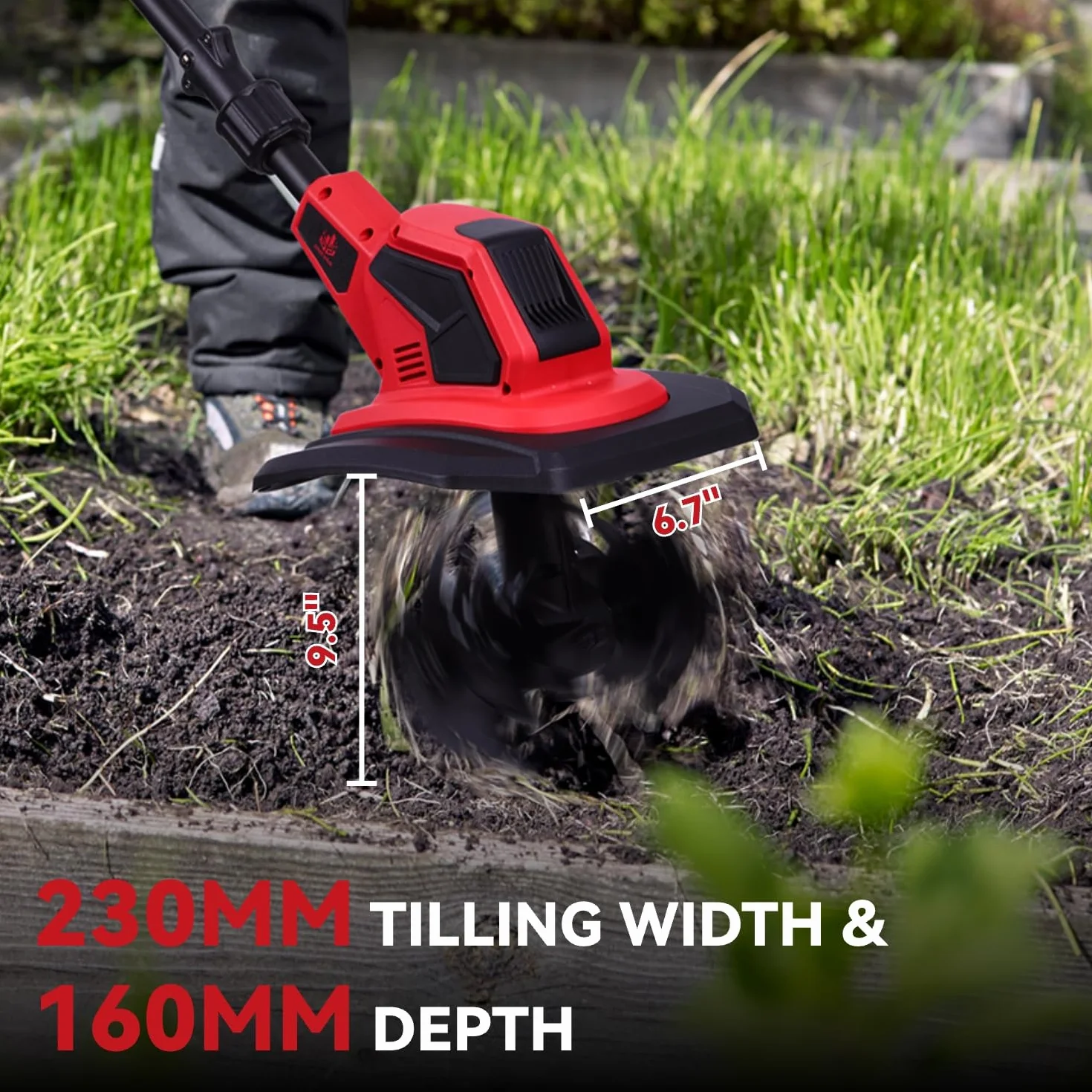 ONEVAN Motozappa Elettrica, 550W Motozappa a Batteria, Larghezza 23 cm e Profondità 16 cm, 2 batterie da 4,0 Ah, Impugnatura Regolabile, Zappatrice Elettrica, per Giardinaggio e Coltivate