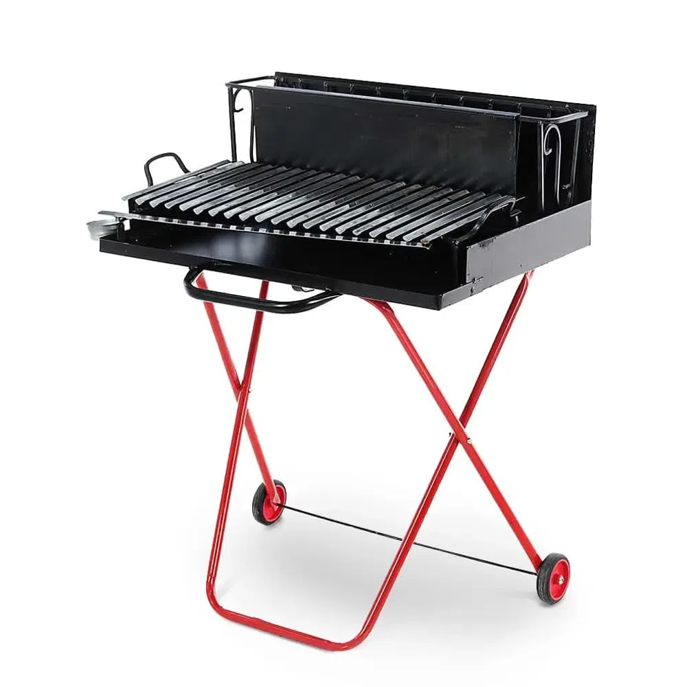 Barbecue a Legna Portatile con Griglia in Acciaio Inox, Ripiano Recupera Grassi, Pieghevole con Ruote, Made in Italy, Con tira braci e bicchiere raccogli olio OMAGGIO (Extra Large)