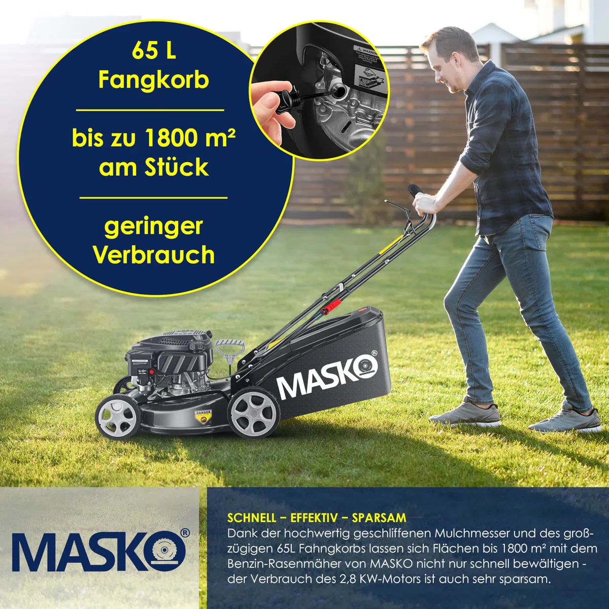 MASKO Tosaerba a benzina 5 in 1, larghezza di taglio 51 cm, regolazione dell'altezza di taglio 8 volte, motore OHV a 4 tempi, 6,0 CV, cestino di raccolta da 65 litri, incluso kit per pacciamatura