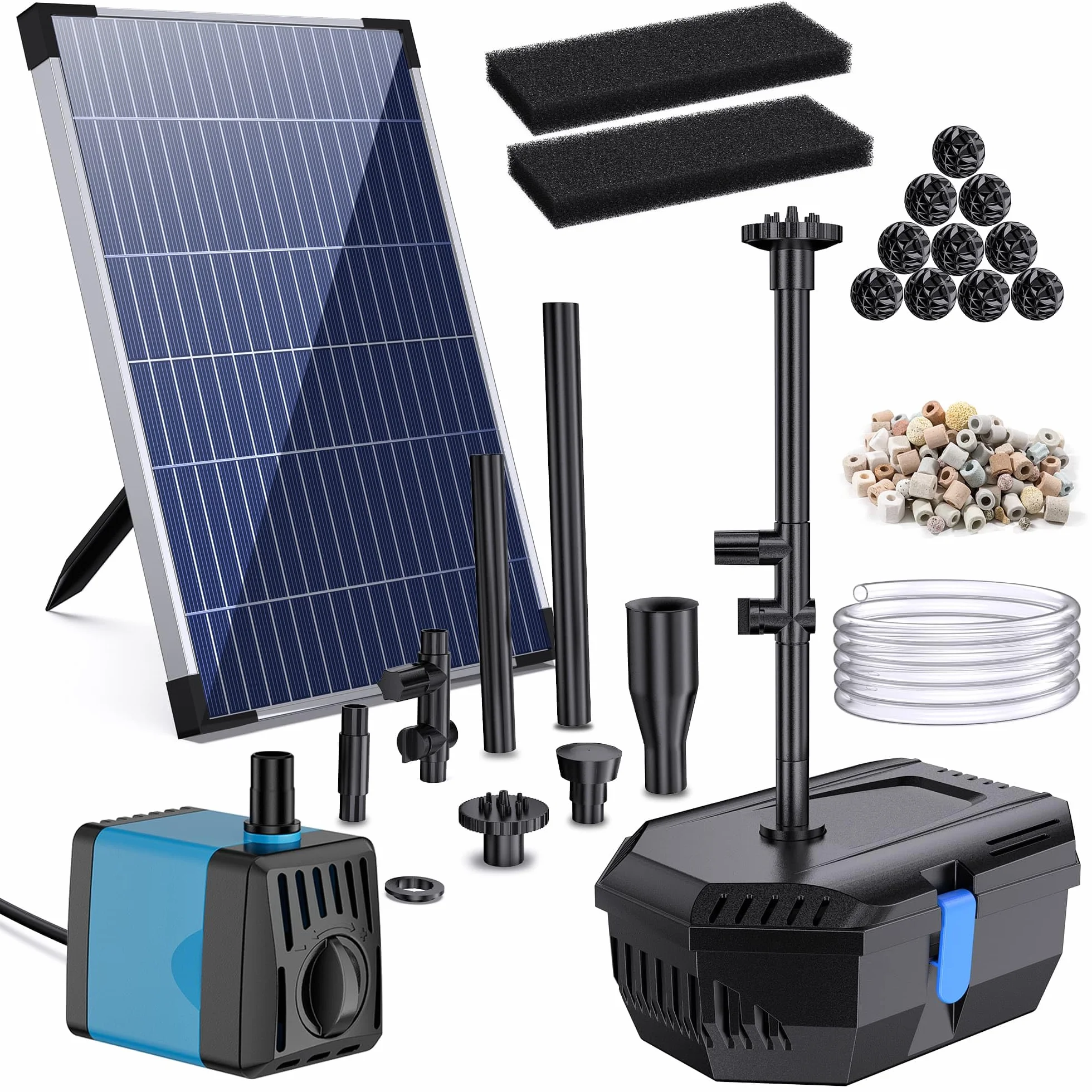 Biling Filtro solare per laghetto con pompa, 605 l/h, pompa solare con tubo, 4 ugelli da 5 m, cavo fai da te, fontana solare per laghetti esterni, serbatoio di pesce, cascata, soluzione pulita per