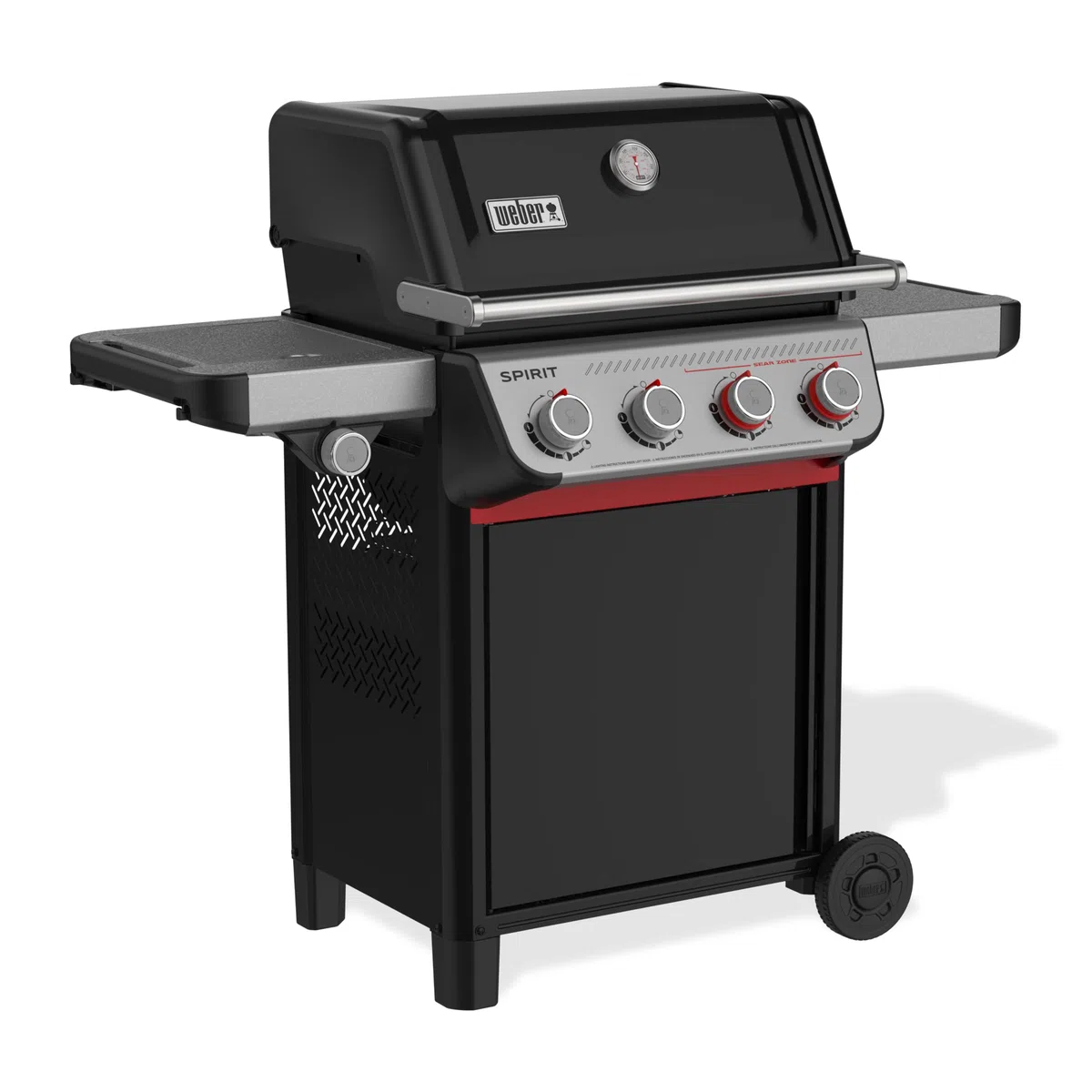 Weber Spirit E-435 Barbecue a gas con propano liquido per cucinare all'aperto, 4 fuochi e 1 bruciatore laterale, nero – Griglie in ghisa smaltata in porcellana, 2 bruciatori Boost, zona Sear