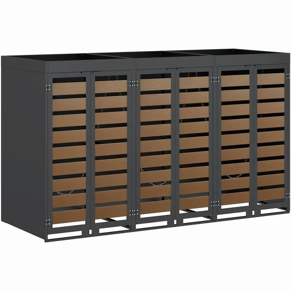 Copribidoni per 3 Bidoni di Spazzatura Contenitori Pattumiera Cassonetti Rifiuti 240 L Box in Acciaio Antracite/Aspetto Larice Coperchio Bidone Resistente 3 Porte