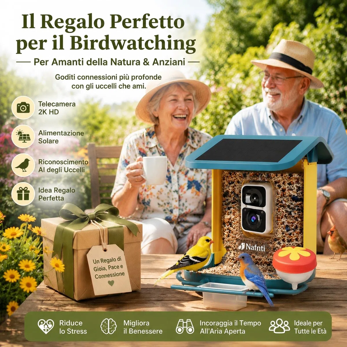 Mangiatoia intelligente per uccelli 2K con fotocamera, alimentazione solare, AI identifica oltre 10.000 uccelli, capacità 1,8 l, impermeabile IP65