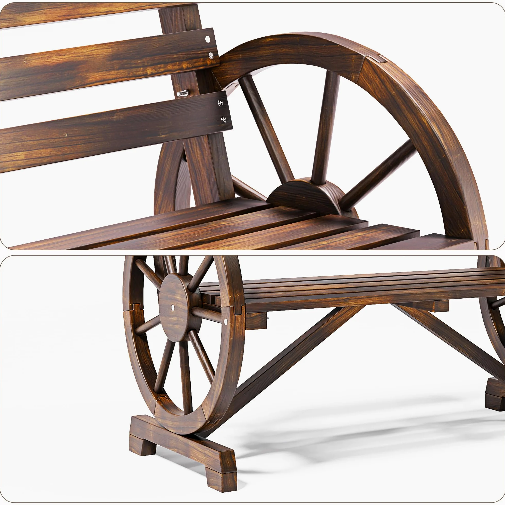 Panca da esterno a 2 posti, resistente alle intemperie, con braccioli a forma di ruota, in legno con schienale, in stile country, per patio, giardino, parco, 105.5 x 56 x 79 cm.