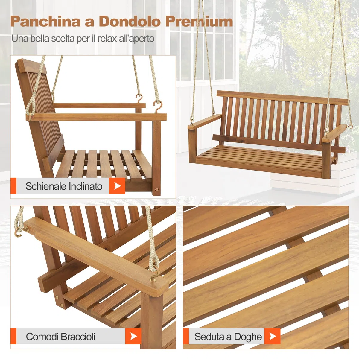 COSTWAY Altalena da Giardino in Legno di Acacia, Panchina Sospesa con 2 Posti, Sedia a Dondolo per Giardino, Sedia Sospesa con Schienale, Portata 360 kg, per Giardino Balcone Cortile