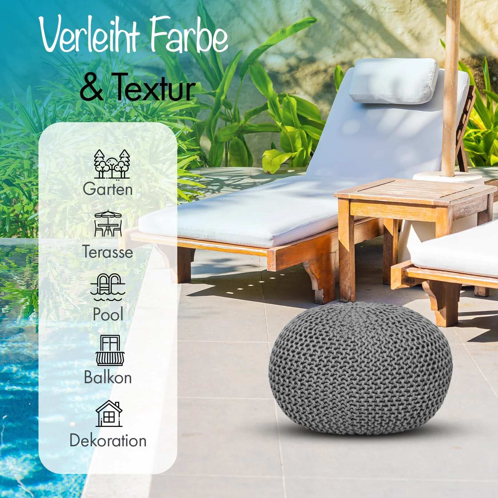 Pouf di alta qualità, impermeabile, Ø 55 cm o 45 cm, pouf per interni ed esterni, effetto maglia grossa, per giardino, terrazza, piscina, 100% plastica riciclata (grigio argento, Ø 55 cm)