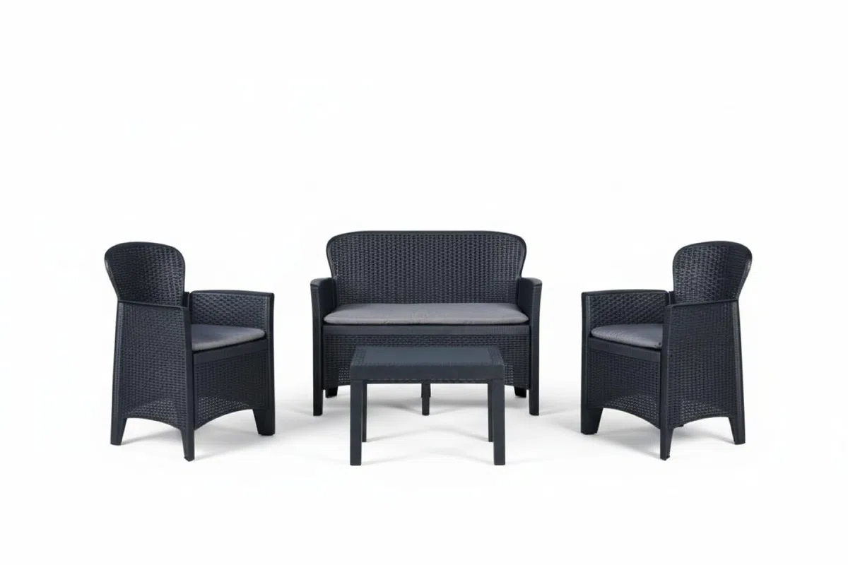 Dmora - Set salotto da esterno Ostuni, Set da giardino con 2 poltrone, 1 divano ed 1 tavolino, Salottino effetto rattan con cuscini, 100% Made in Italy, Antracite