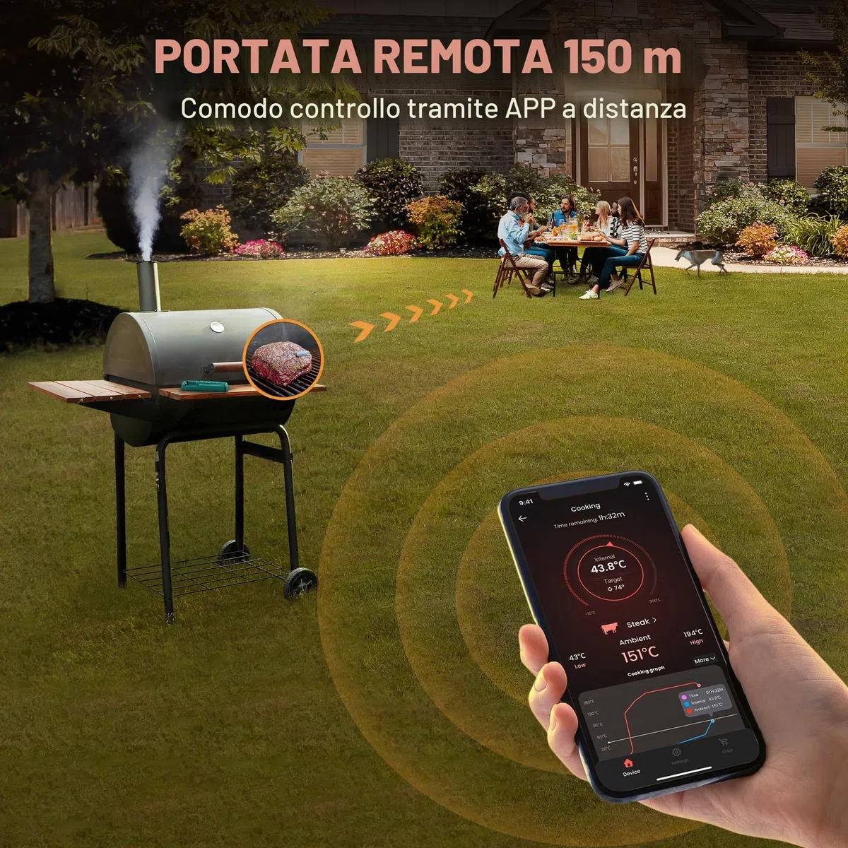 ThermoPro TempPro TP961 Termometro Barbecue Carne Wireless 150m Bluetooth da Cucina per Forno Grill Affumicatore Girarrosto Airfryer Sicuro in Lavastoviglie con Sonda Inossidabile IP67