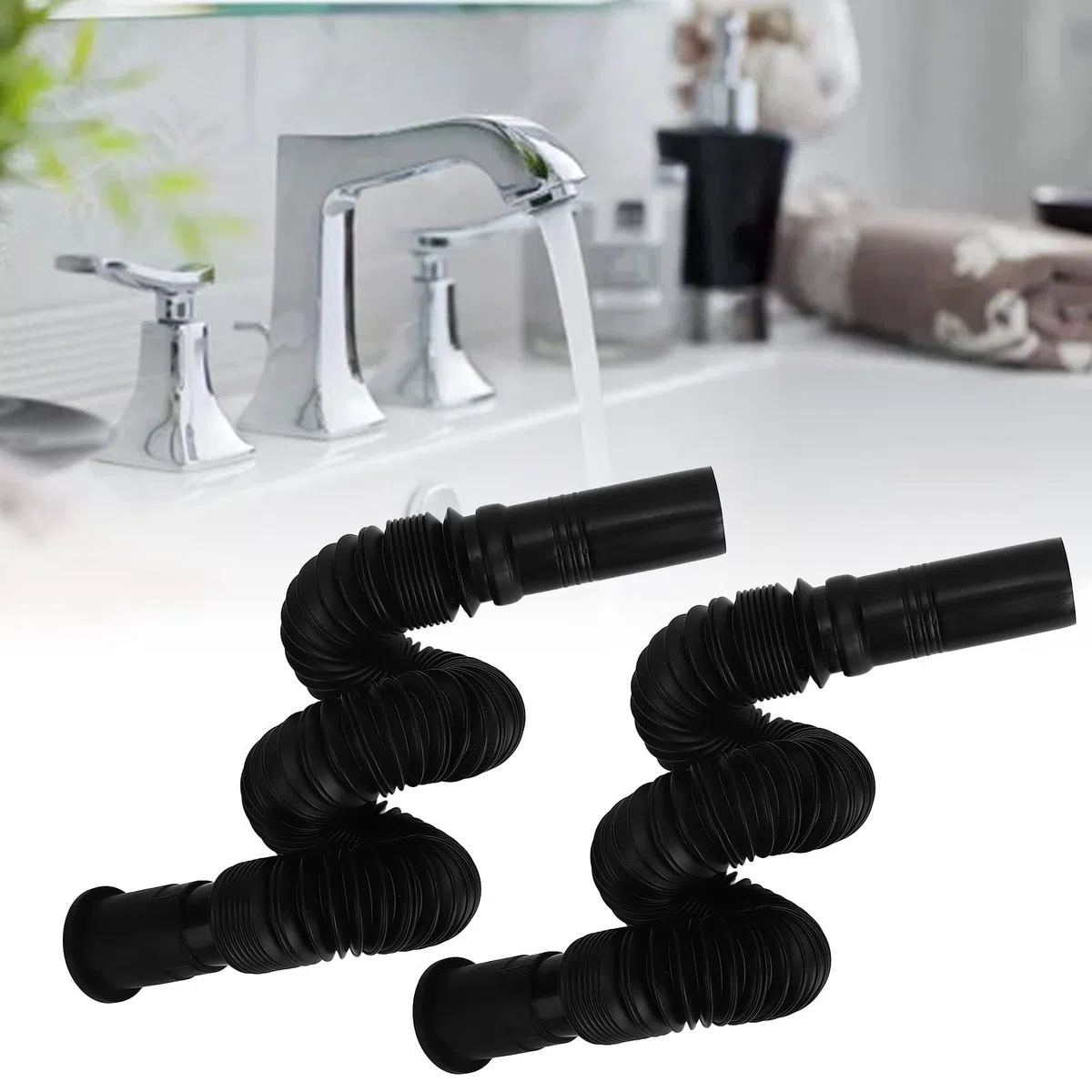 PVC Water Pipe for Kitchen, 2 Pack Flexible Drain Pipe and Adjustable Sink Drain Hose, Black