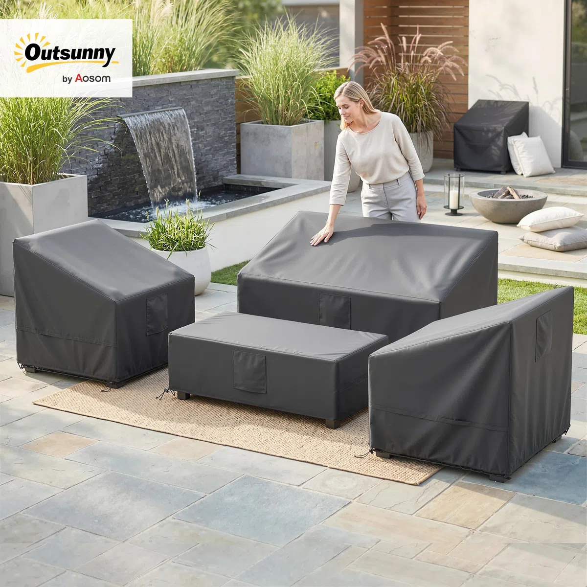 Outsunny Coperture per Mobili da Esterno Set 4 Pezzi, 420D Oxford Impermeabile, Copertura per Tavolo, Poltrone e Divano da Giardino con 6 Prese d'Aria, Antivento, Nero