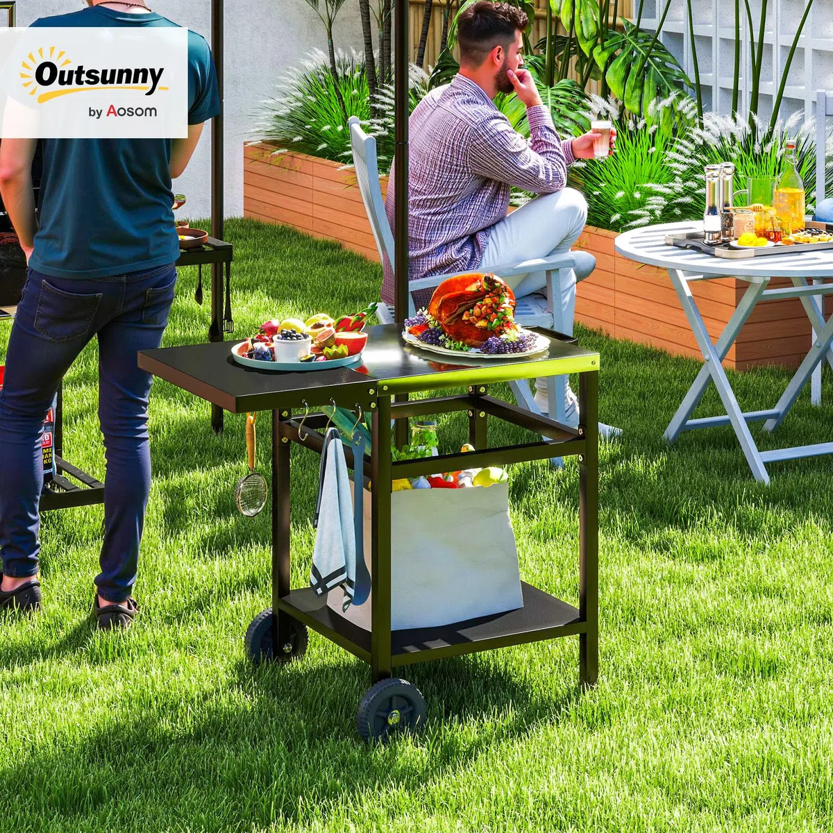 Outsunny Carrello Barbecue con Piano in Acciaio Inox e Ripiano Richiudibile, Tavolo Cucina da Esterno per Forno Pizza con Ruote, Maniglia, 6 Ganci e Copertura di Protezione, 91x58x76 cm, Nero