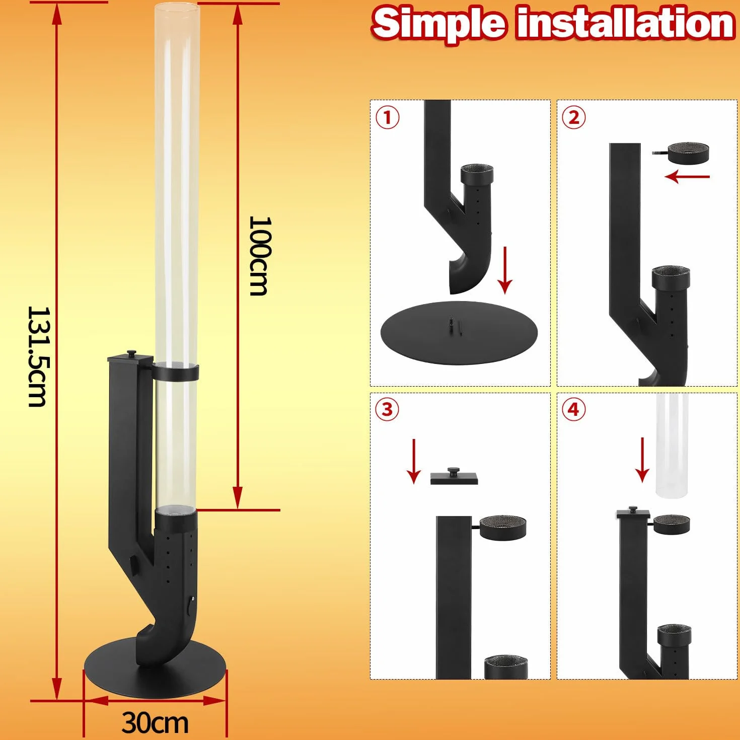 Fiqops Torcia a pellet in acciaio inox con tubo in vetro da 100 x 8 cm, per ambienti esterni, tubo di fuoco per giardino e terrazza, facile da montare
