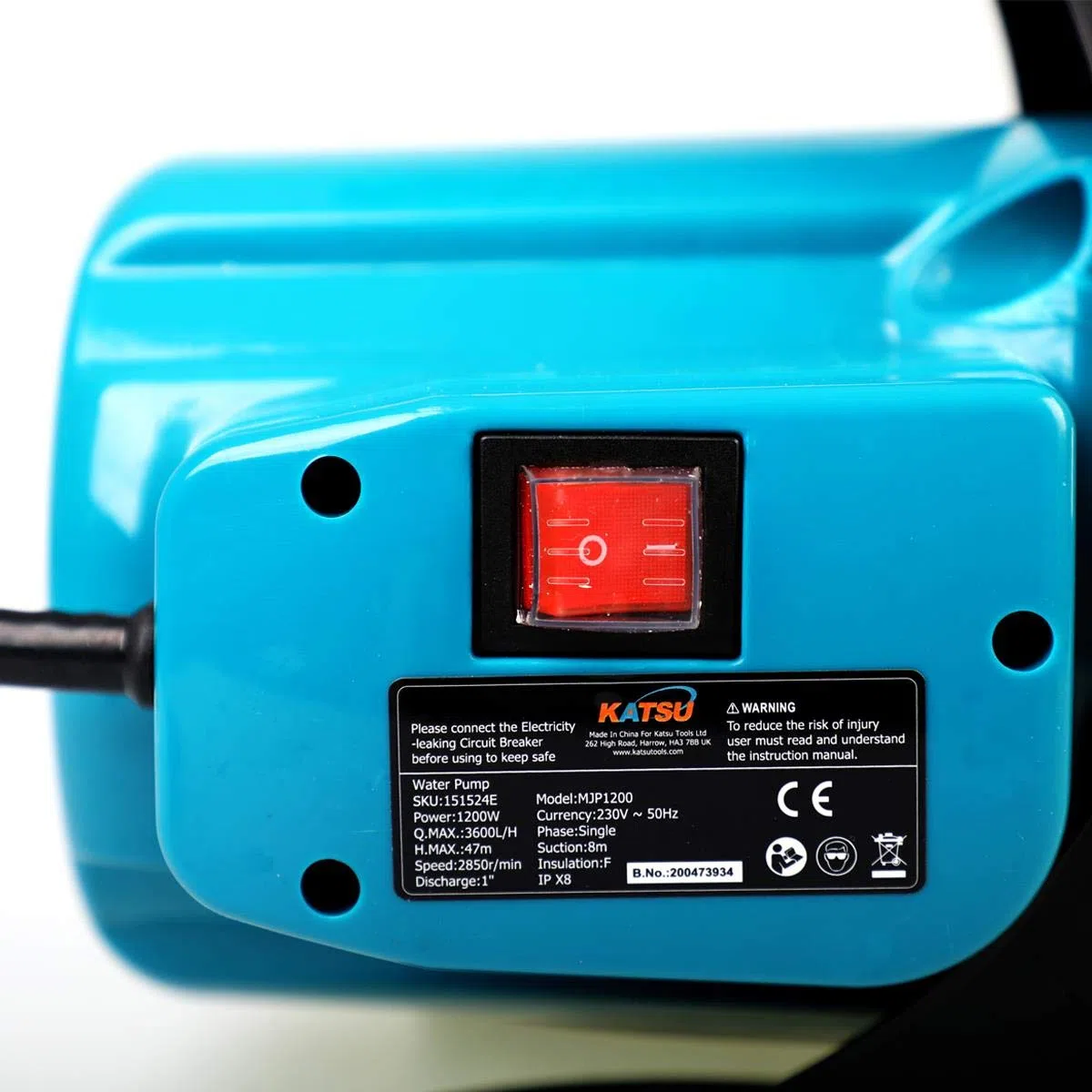 KATSU Pompa da Giardino 1000W Portatile Autoadescante Giardino Pompa Acqua, Portata Max 3400 L/H, Prevalenza Max 44 M, Pressione 4,4 Bar 151523E