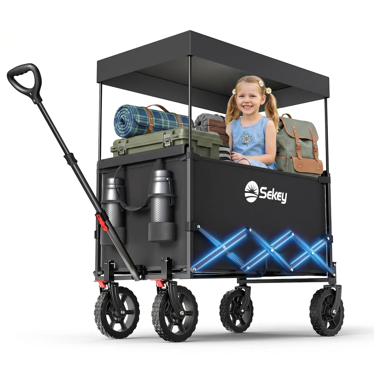 Sekey XXL Carrello Spiaggia con Tetto 150L 150KG, Carrello Pieghevole per Bambini, Carrelli Pieghevole con Ruote con Protezione Solare per Spiaggia Campeggio SE 4018, Nero
