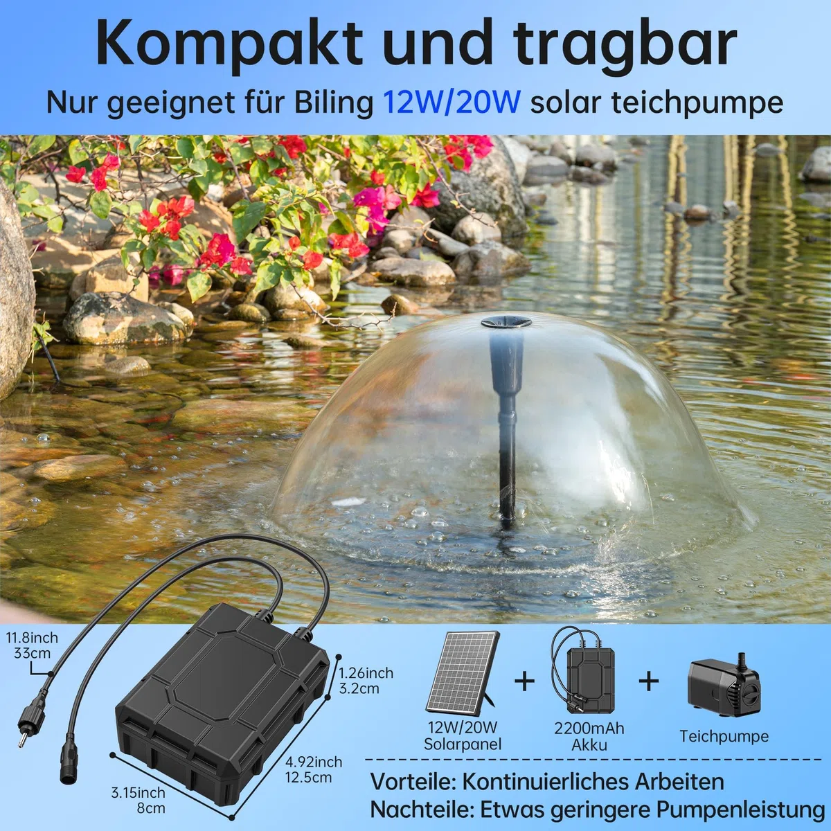 Biling Backup batteria da 2200 mAh per pompa solare per laghetto da 12 W a 20 W, filtro solare per esterni, rendendo la pompa del filtro più stabile nei giorni nuvolosi