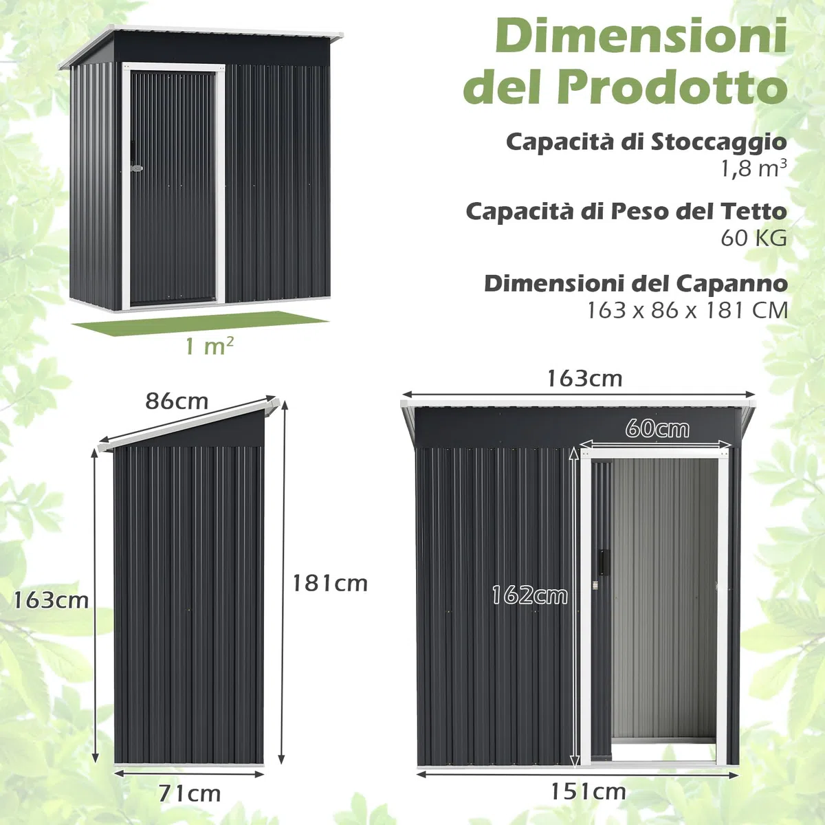 COSTWAY Capanno per Attrezzi da Giardino in Metallo, Casetta Porta Attrezzi in Acciaio con Porta Scorrevole Sistema di Blocco, Casetta per Stoccaggio per Prato e Cortile, 163 x 86 x 181 cm, Grigio