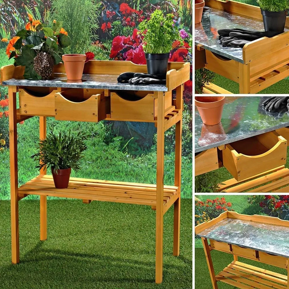 Melko Tavolo da lavoro per giardino Tavolo da giardino Tavolo per piante con TRE cassetti in stile country in legno di abete per esterni, 80 x 40 x 82 cm, marrone miele