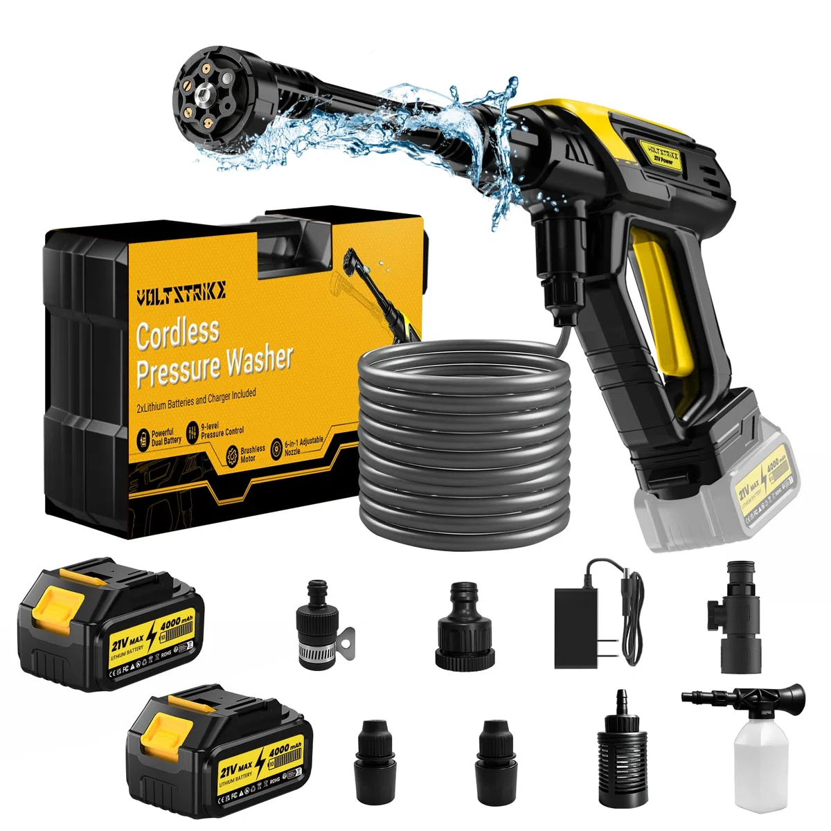 Idropulitrice a Batteria, VOLTSTRIKE, Idropulitrice a Batteria con Ugello Multifunzione 6-in-1, Pressione Massima 120Bar, Idropulitrice a Batteria con 2x4.0Ah, Tubo da 5m per Lavaggio Auto, Finestre