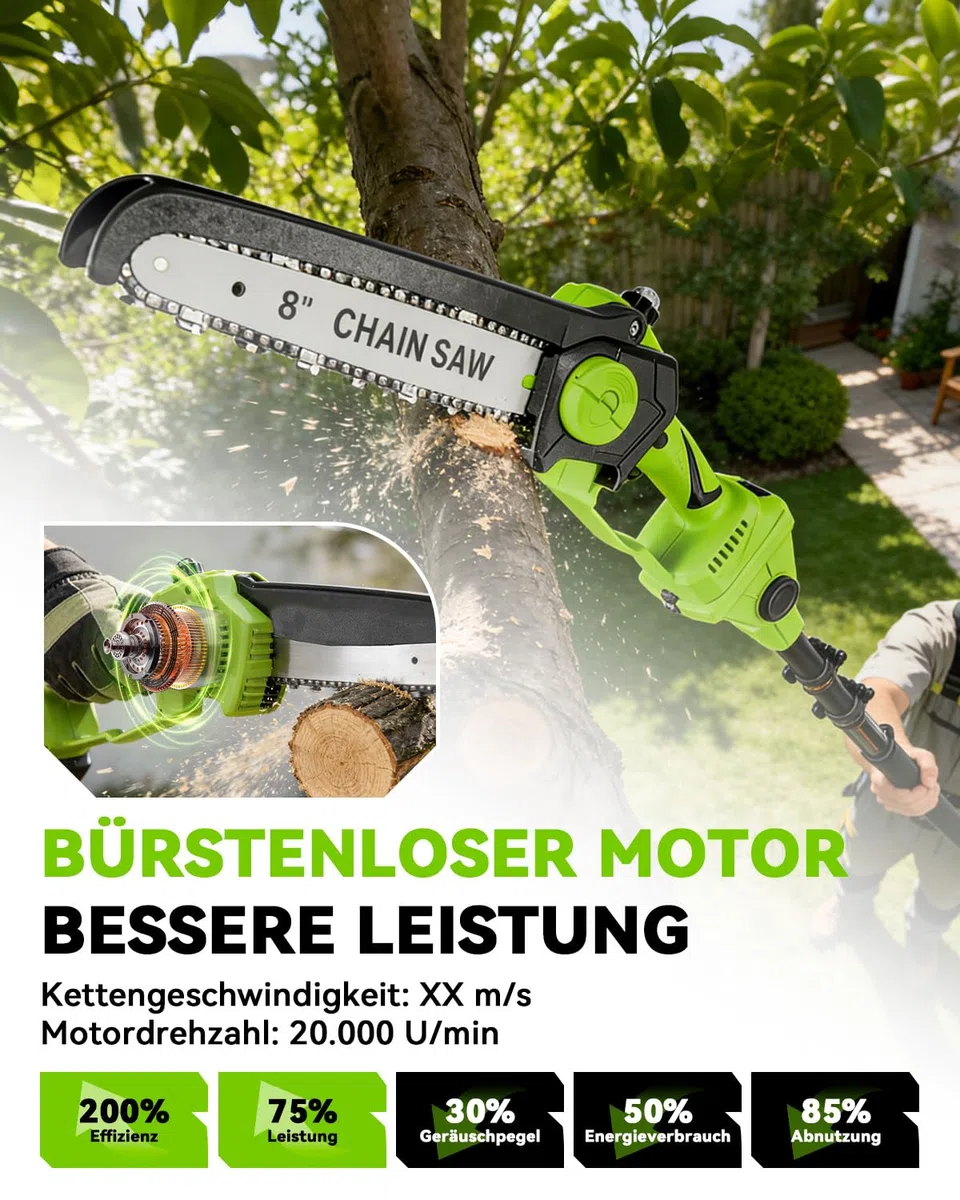 2 in 1 Potatore Telescopico a Batteria, Mini Motosega da 8 Pollici con Asta Telescopica, Potatore a Batteria con 2 Batterie da 3000 mAh, Utensili da Giardino per Potatura Alberi e Taglio Rami