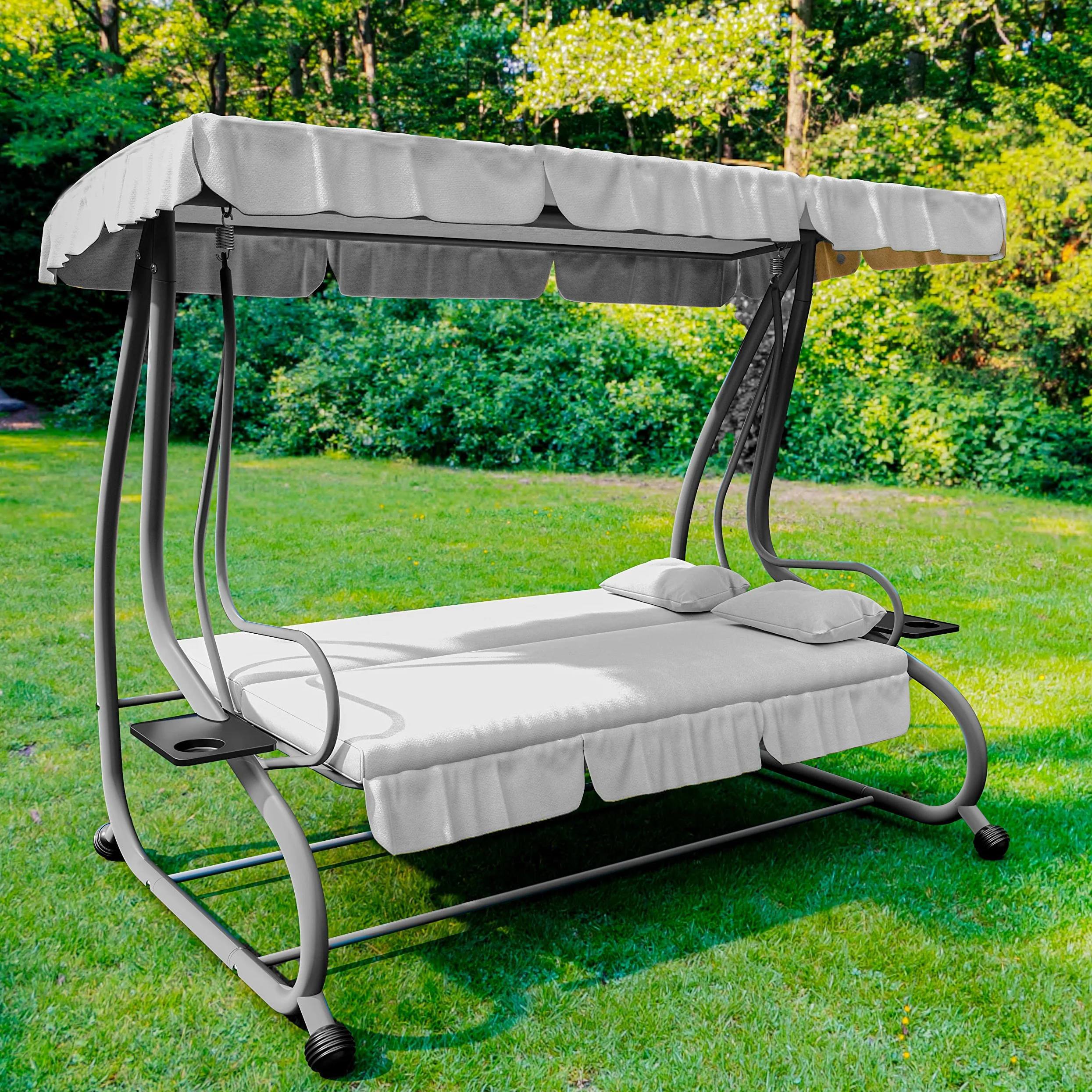 Dondolo Reclinabile 3 Posti Con Cuscini Imbottiti Parasole Tettuccio Regolabile Diventa Letto Struttura Acciaio Robusto Verniciato Giardino Esterno Balcone Terrazzo Piscina 200 x 120 x 160 cm Grigio
