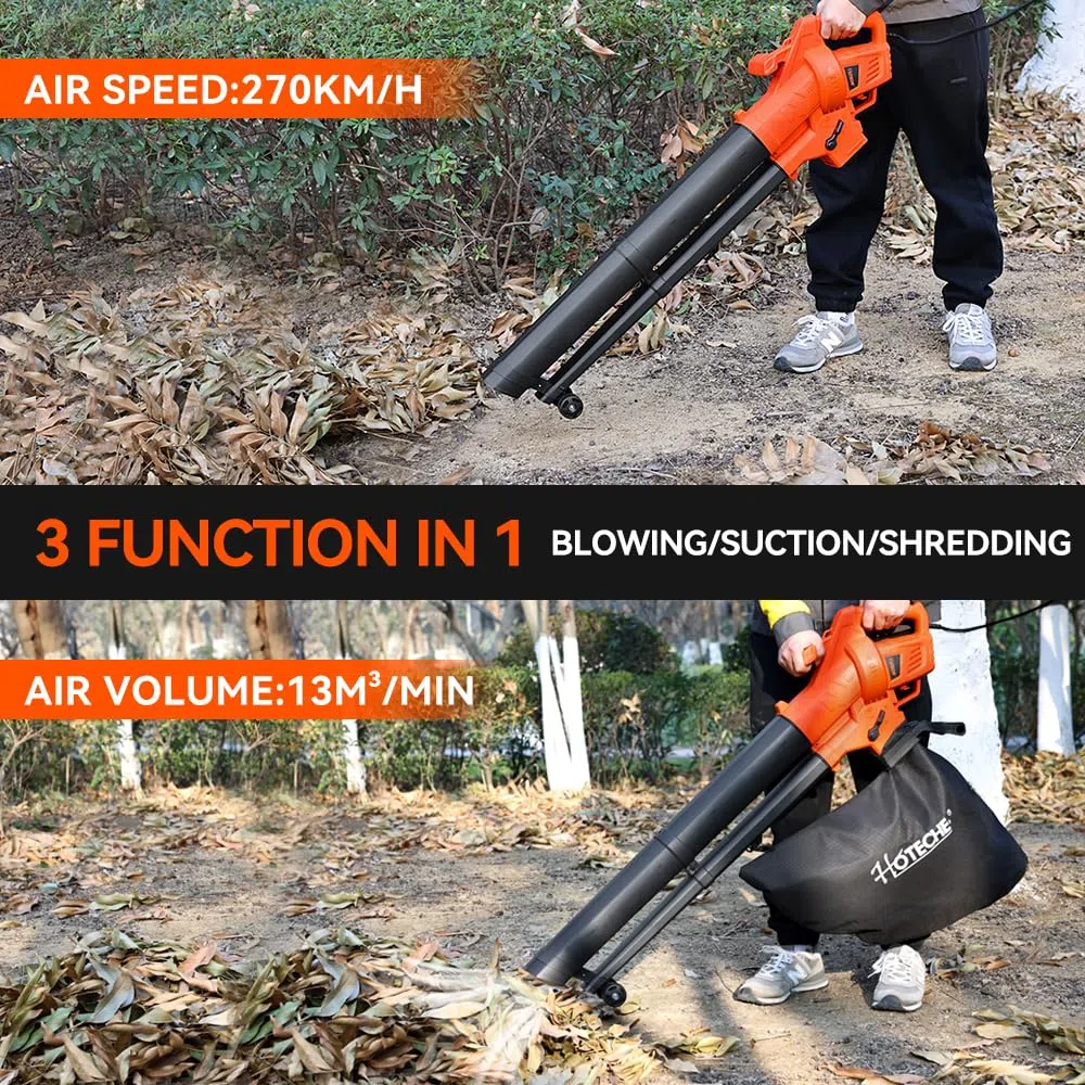 Hoteche Soffiatore per foglie da 3000 W con funzione di aspirazione e triturazione, 270 km/h, volume di aspirazione 13 m³/min, sacchetto di raccolta da 45 l incluso