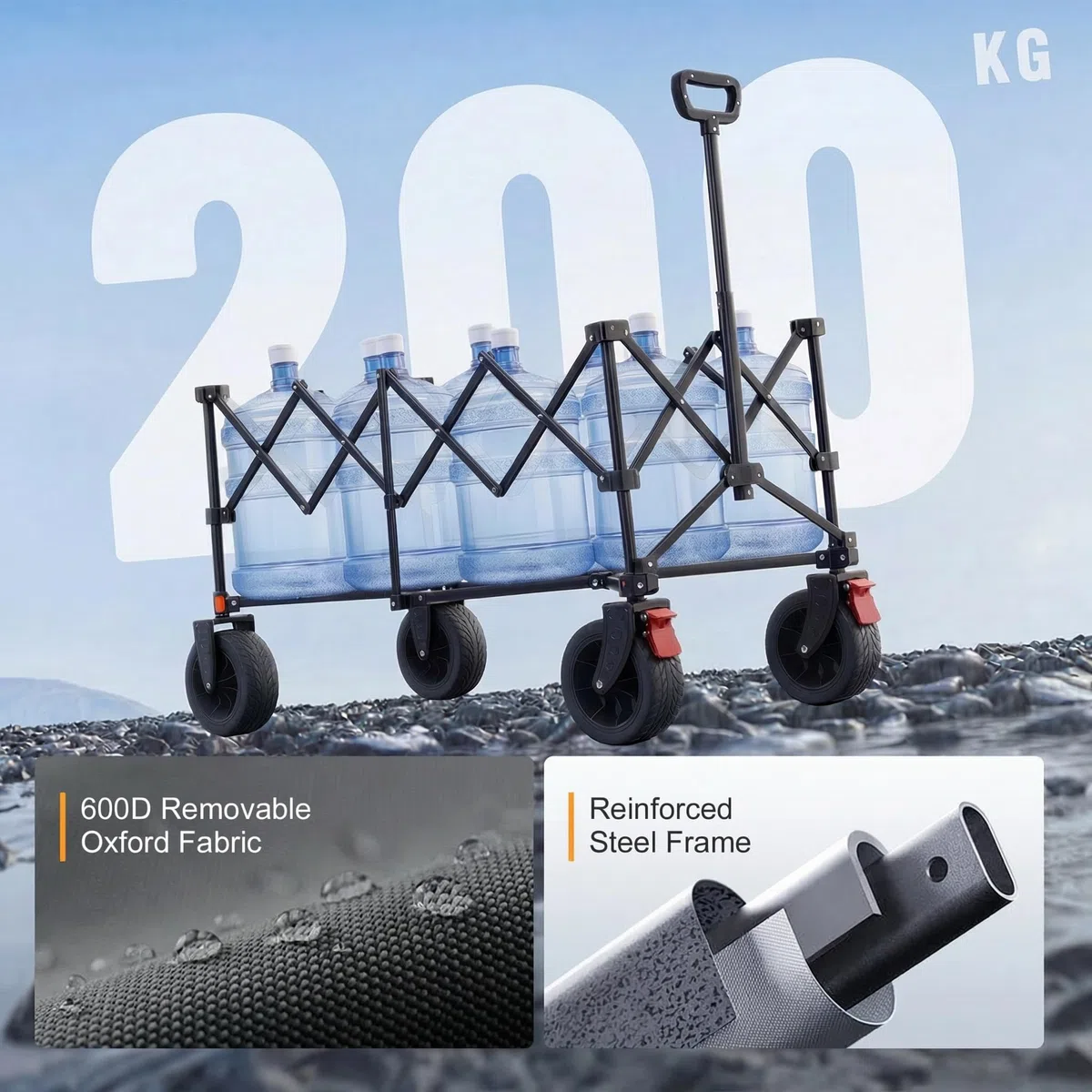 Overmont Carrello Pieghevole XXL 118 cm - 270 L Grande Capacità, Portata fino a 200 kg - Carrello Robusto con Ruote Tutto Terreno, Modello Allungato - per Spiaggia, Giardino e Shopping