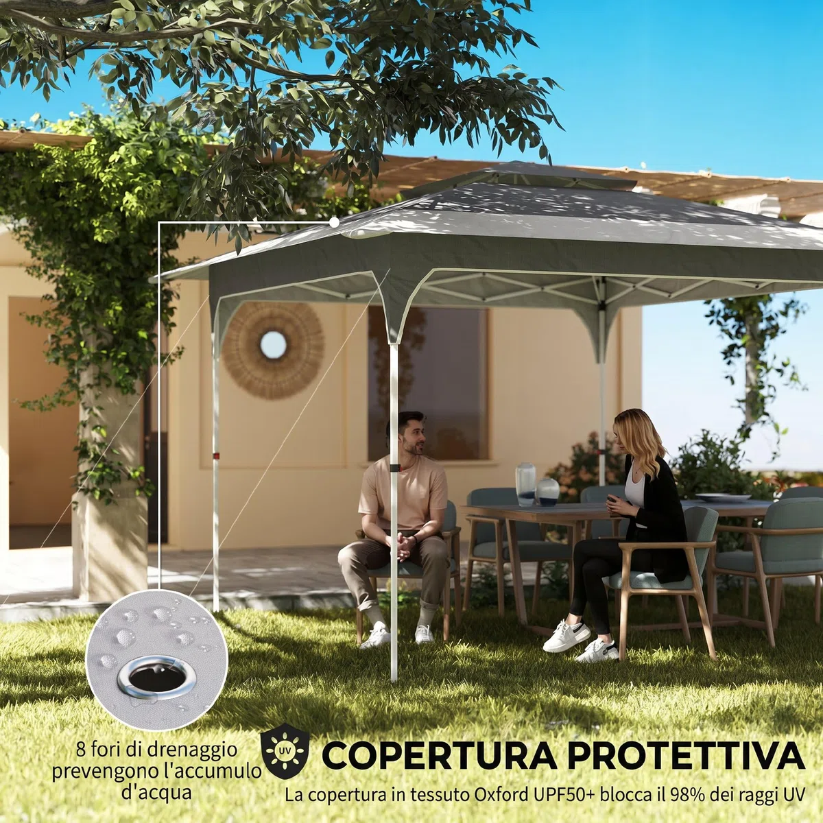 Outsunny Gazebo Pieghevole 3.5x3.5 m Pop Up Facile Montare con Pulsante Centrale, Gazebo da Giardino Altezza Regolabile con Tetto Doppio, Borsa da Trasporto, UV50+, per Esterno Feste, Grigio Scuro