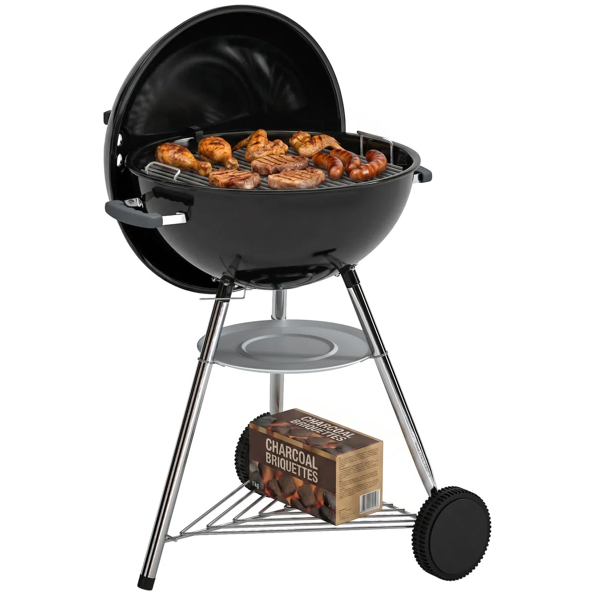 Outsunny Barbecue Carbonella Rotondo Kettle, BBQ Carbonella Portatile con Coperchio, Griglia Ø53.5cm, 2 Scatole Carbone, Ripiano, Termometro, Sfiati Regolabili, Portacenere, Manici, Ruote per Giardino