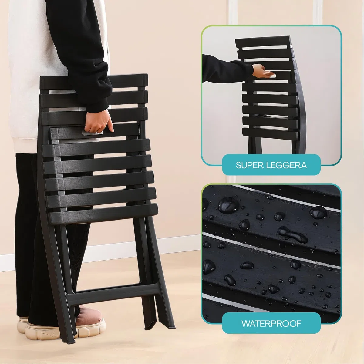 VIRSUS Set 4 Sedie da Giardino Pieghevoli in Polipropilene, misura 41x44x78 cm, Sedia Richiudibile Senza Braccioli per Esterno ed Interno, Made in Italy -BIRK4739 (Antracite)